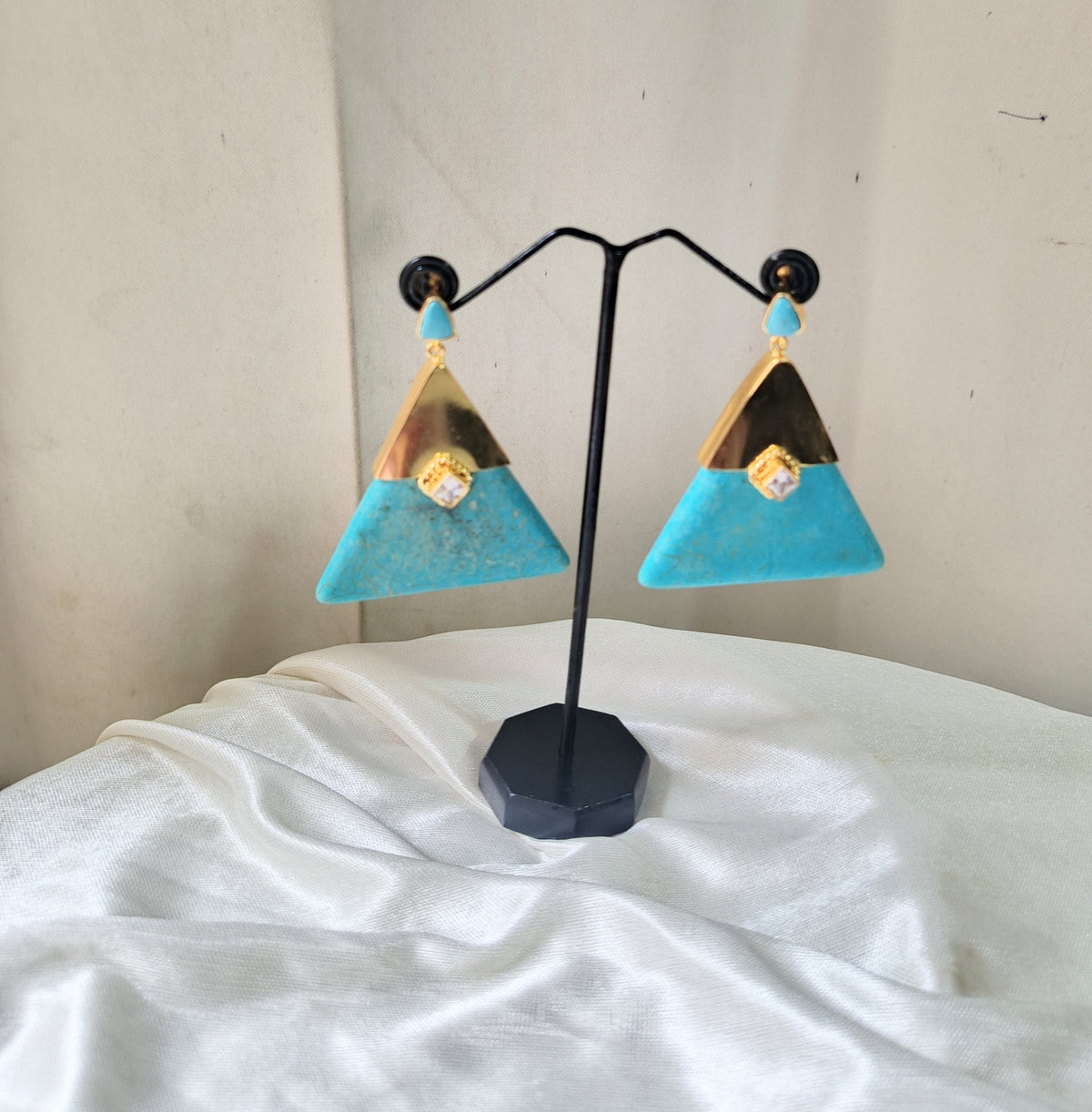 Turquoise Stone Gold Triangle Drop Earrings