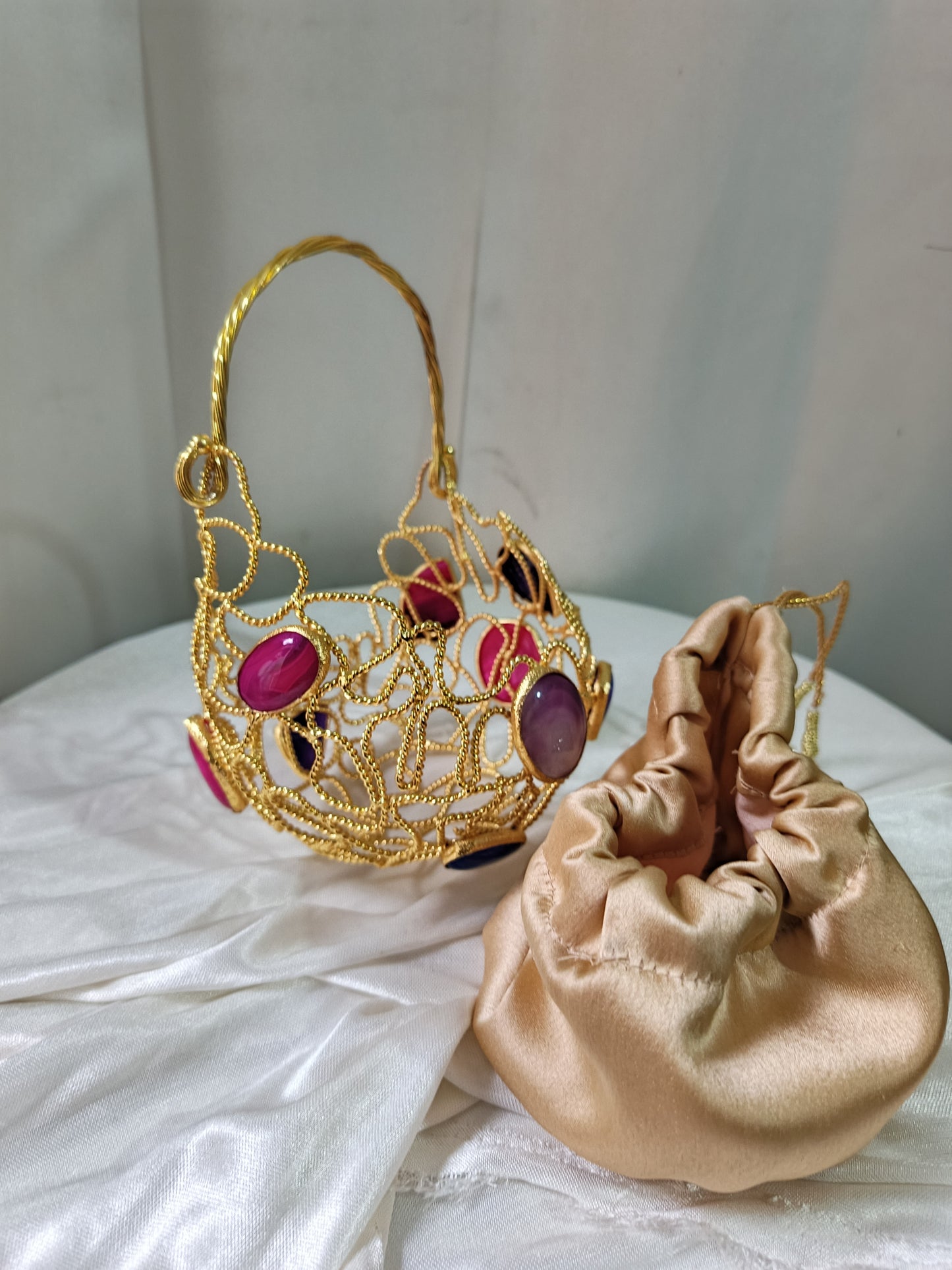 Luxury Handcrafted Gold Wire Crystal Evening Clutch Bag with Satin Pouch