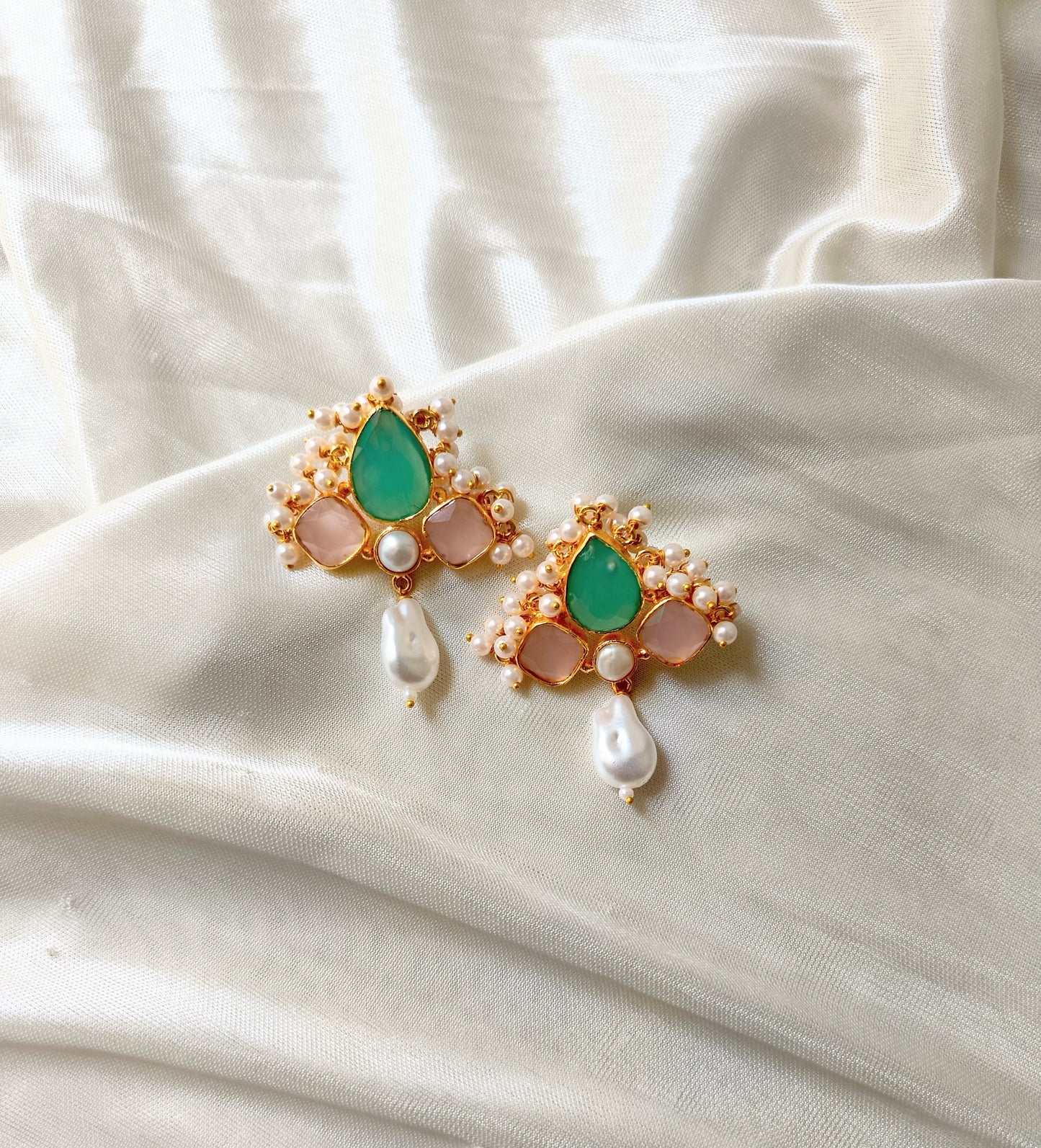 Pastel Gem & Pearl Cluster Earrings