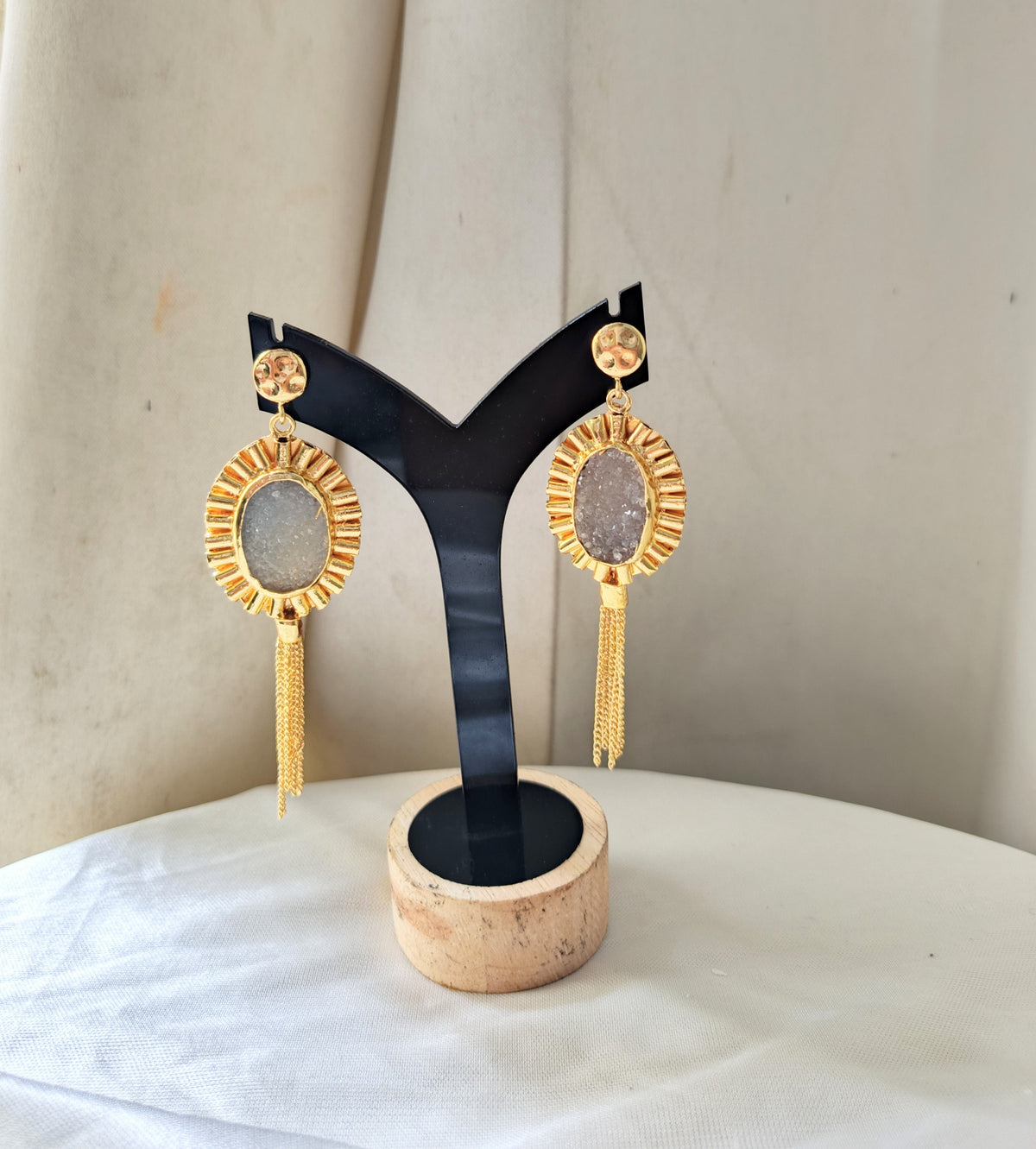 Elegant Gold Druzy Oval Dangle Earrings