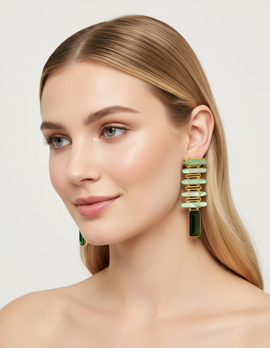 Green Gemstone & Pearl Layered Long Drop Earring