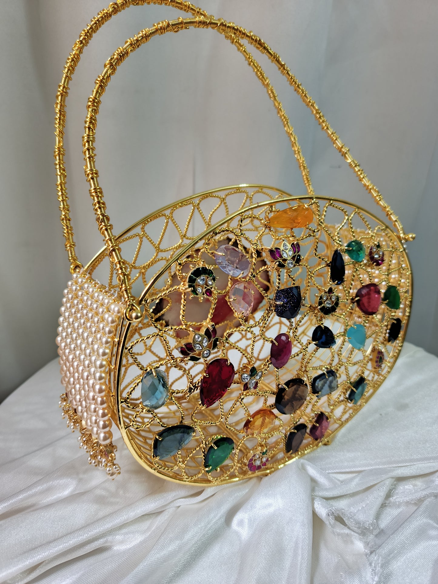 Multi-Stone Embellished Gold Metal Clutch Bag