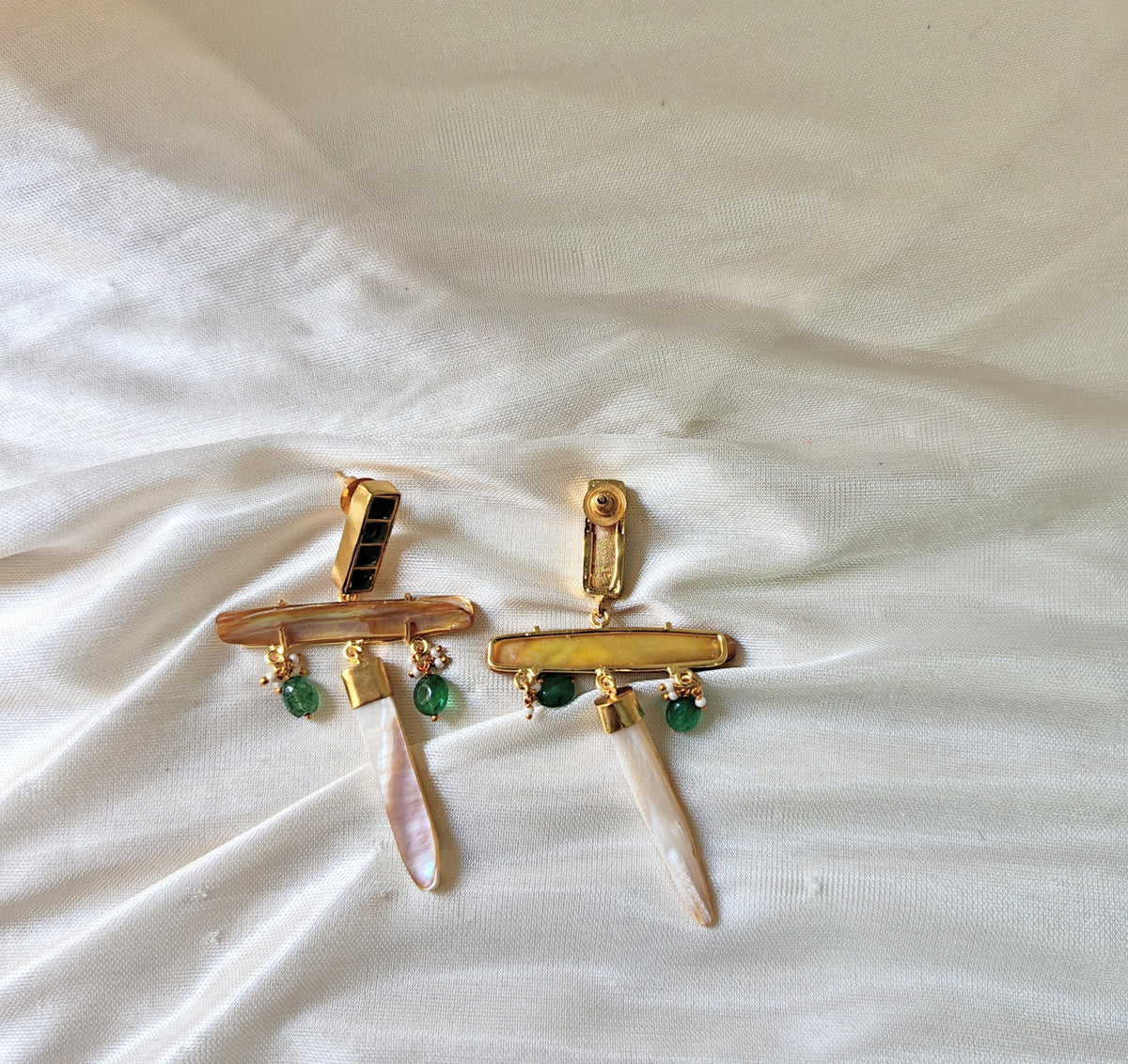Statement Gold Bar Mother of Pearl & Green Kundan Earrings