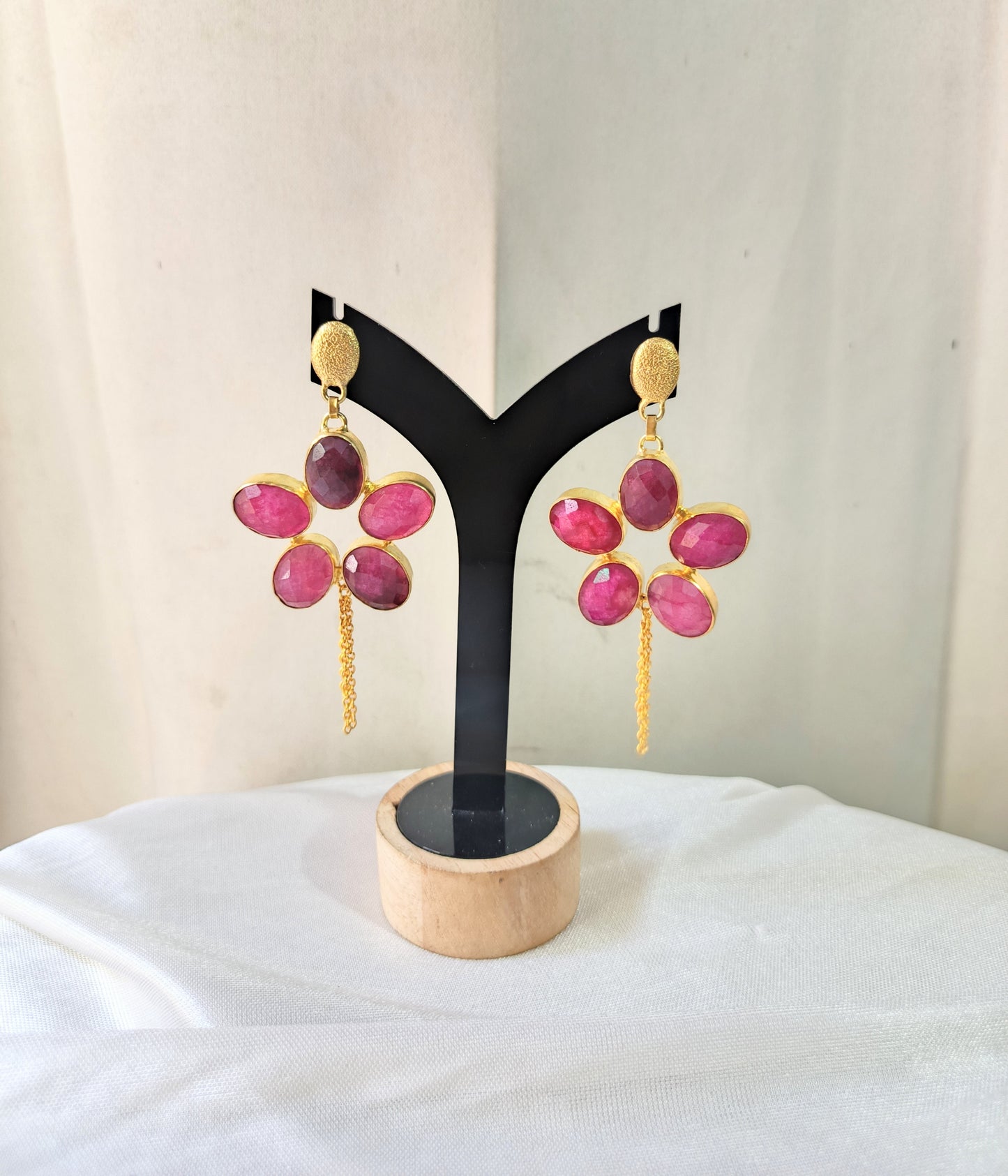 Ruby Pink Floral Drop Earrings with Gold Chain Tassels