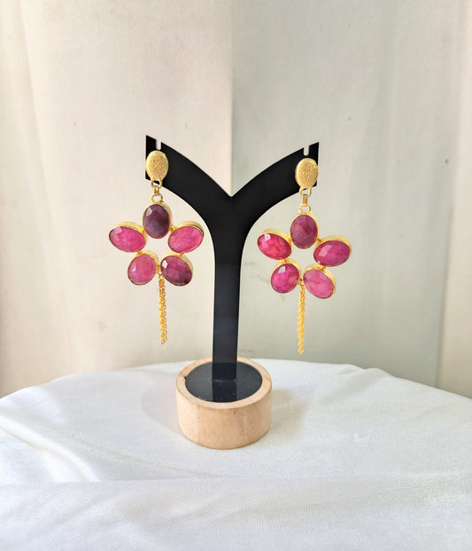 Ruby Pink Floral Drop Earrings with Gold Chain Tassels