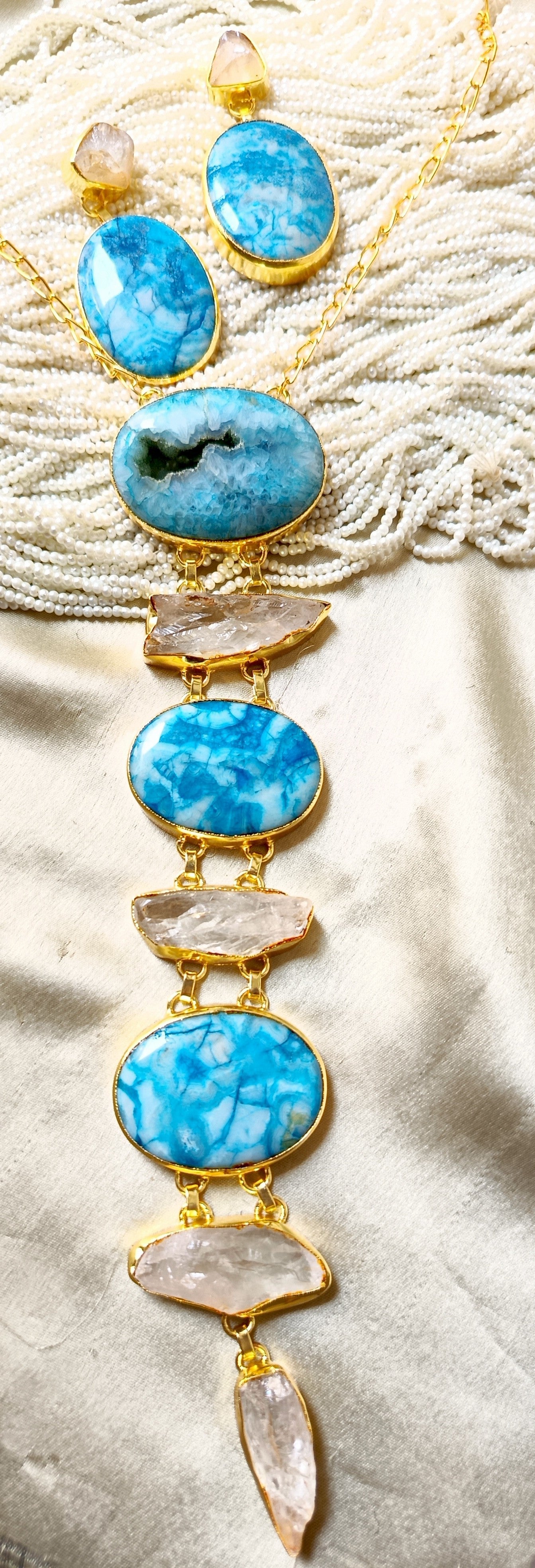 Blue Agate White Raw Stones Necklace set
