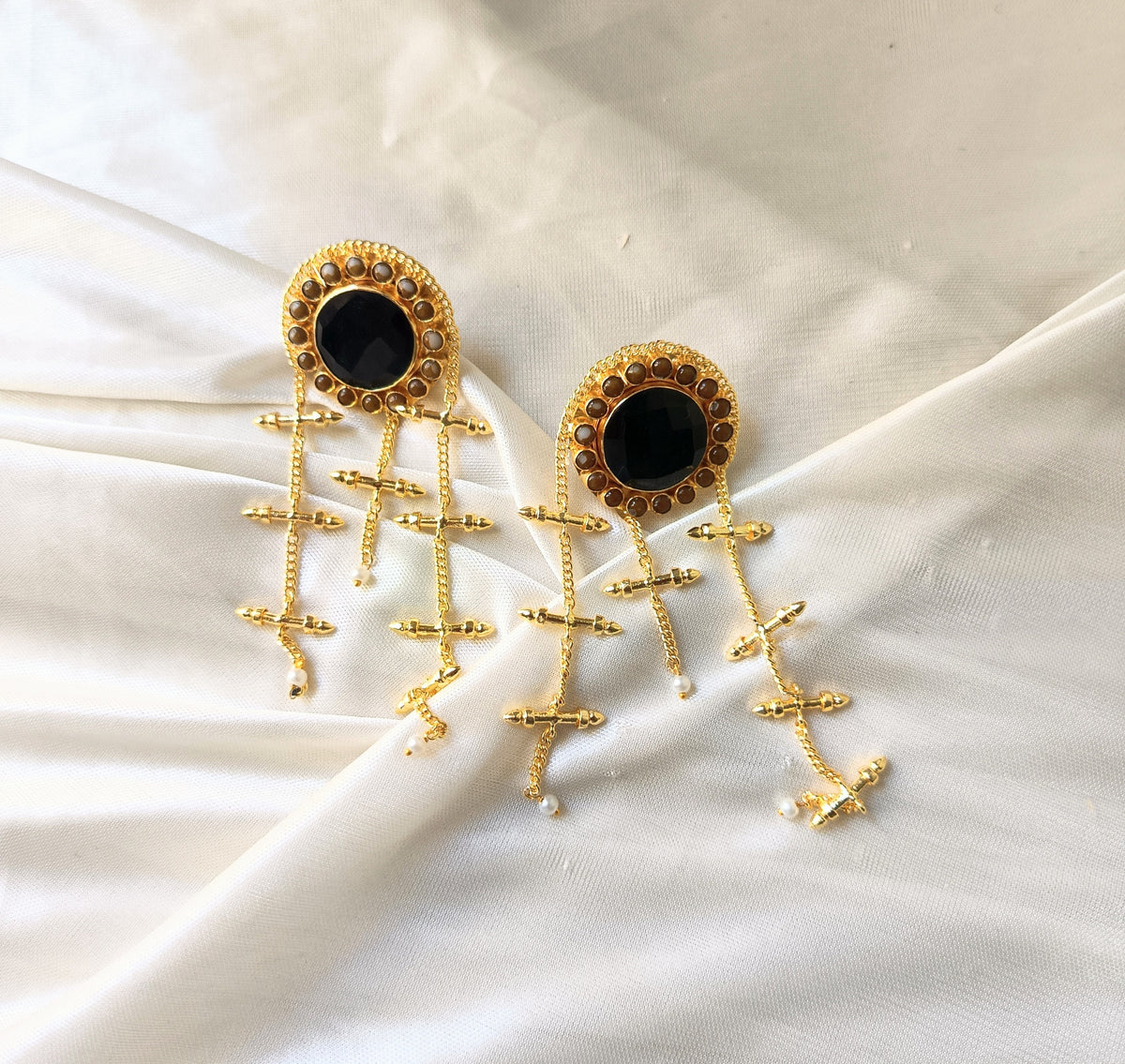 Antique Gold Black Stone Dangle Earrings