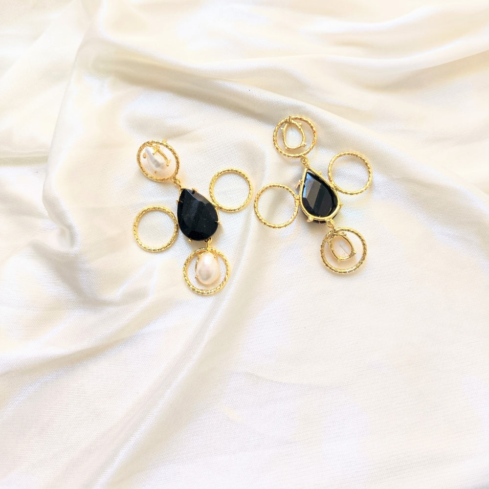 Modern Gold plated Black and Pearl designer Drop Earring