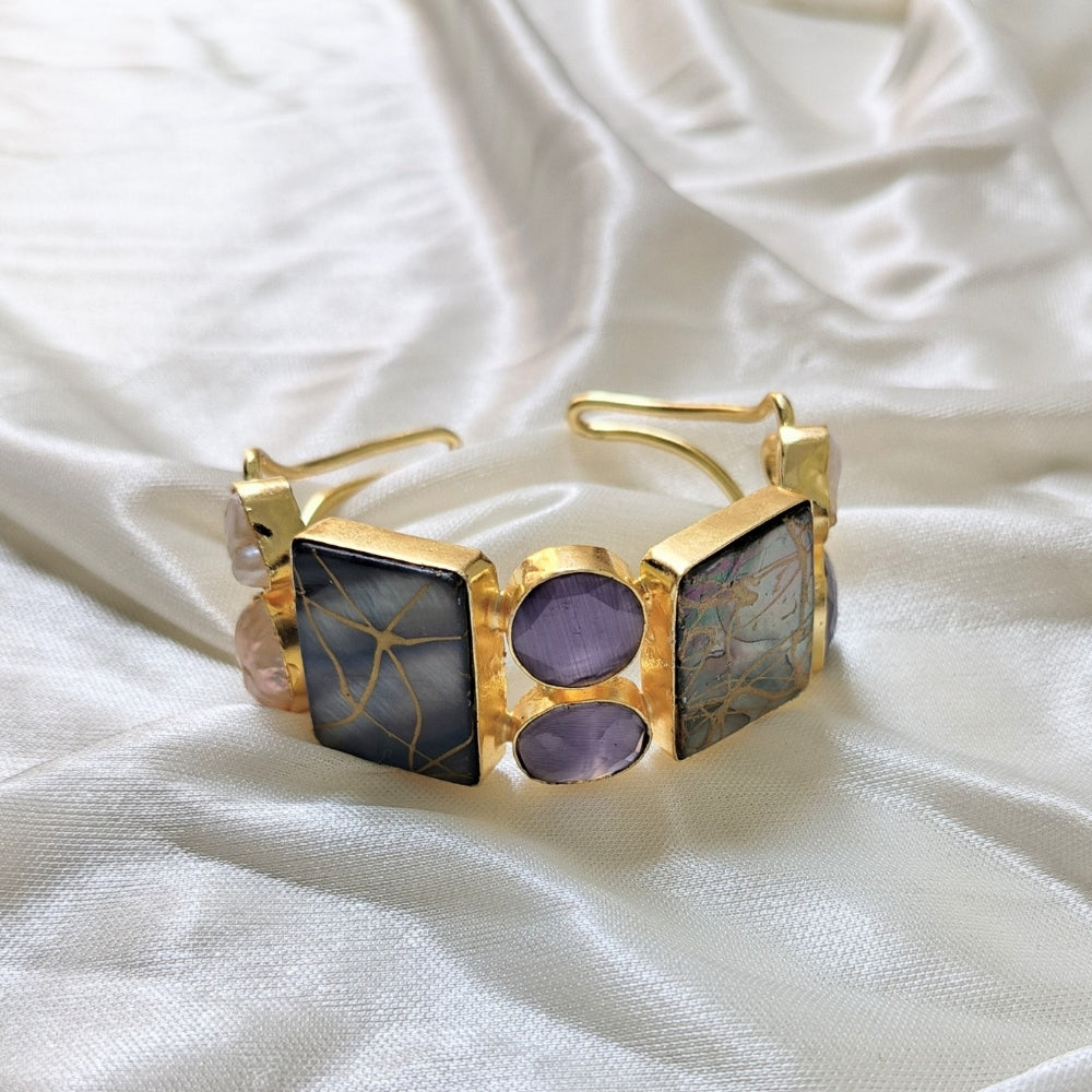 Gold Handcuff Cuff Bracelet with Pearl Accent