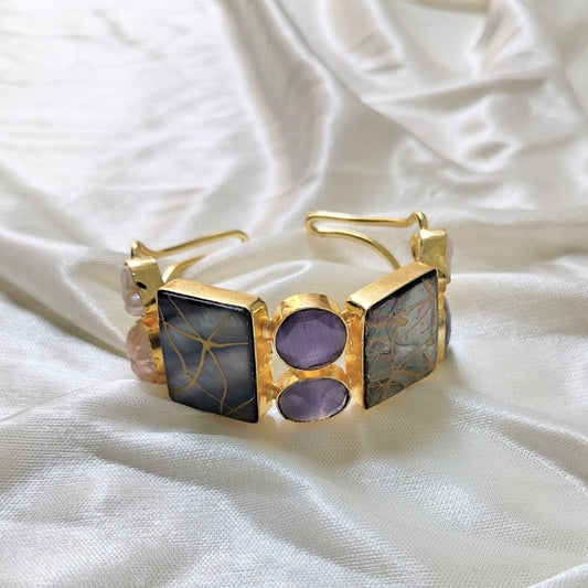 Gold Handcuff Cuff Bracelet with Pearl Accent