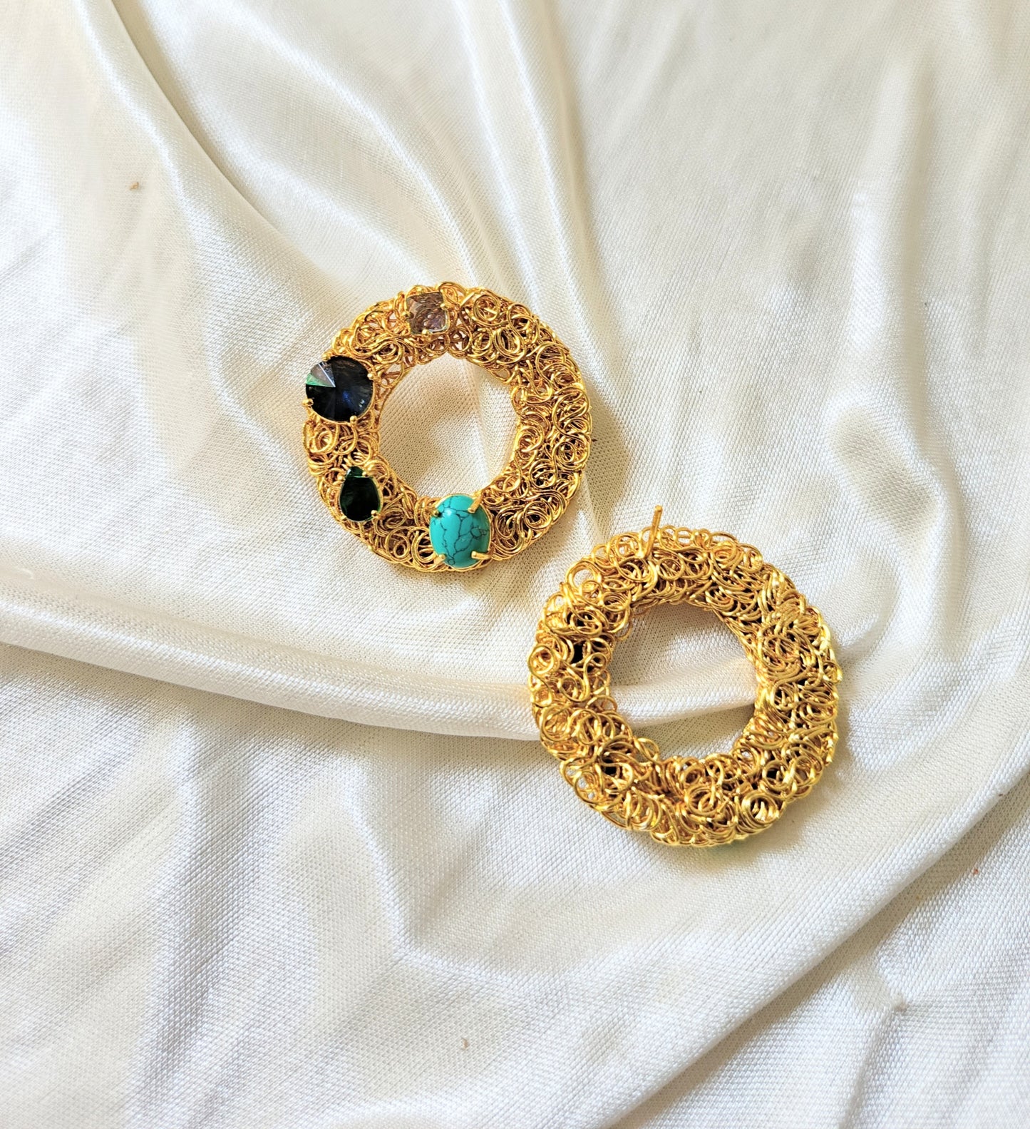 Gold Filigree Circle Earrings with Multicolor Gemstones