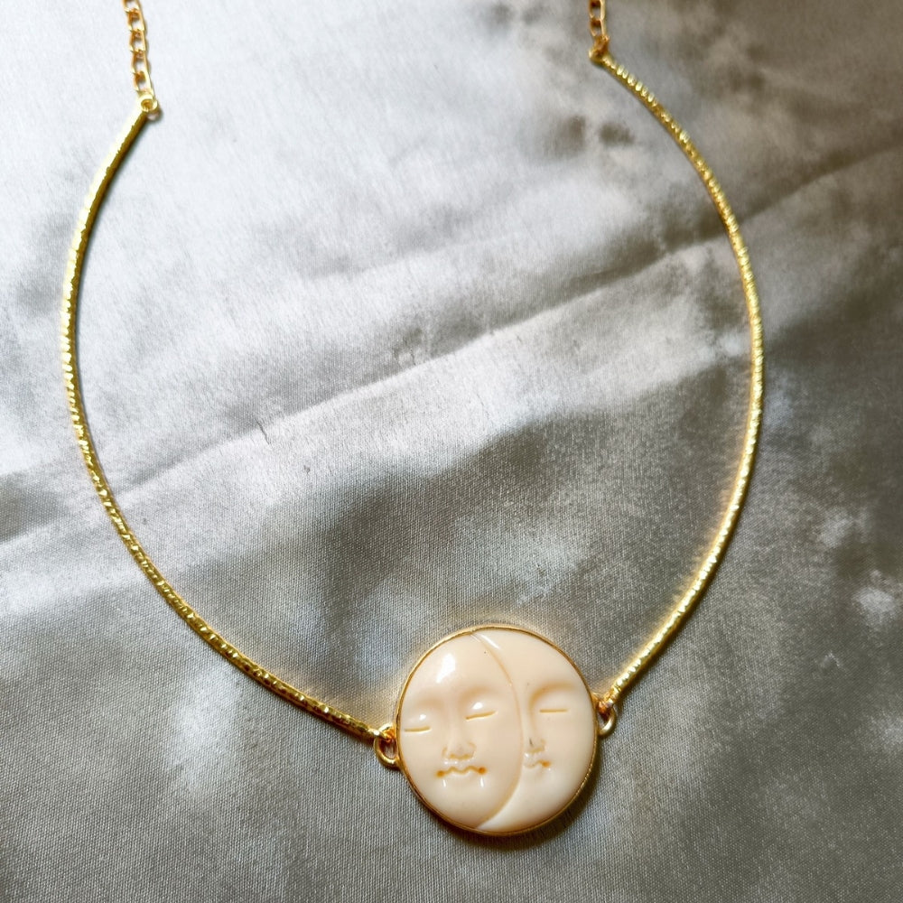 Carved Moon Face Necklace Set, Celestial Pearl Jewelry