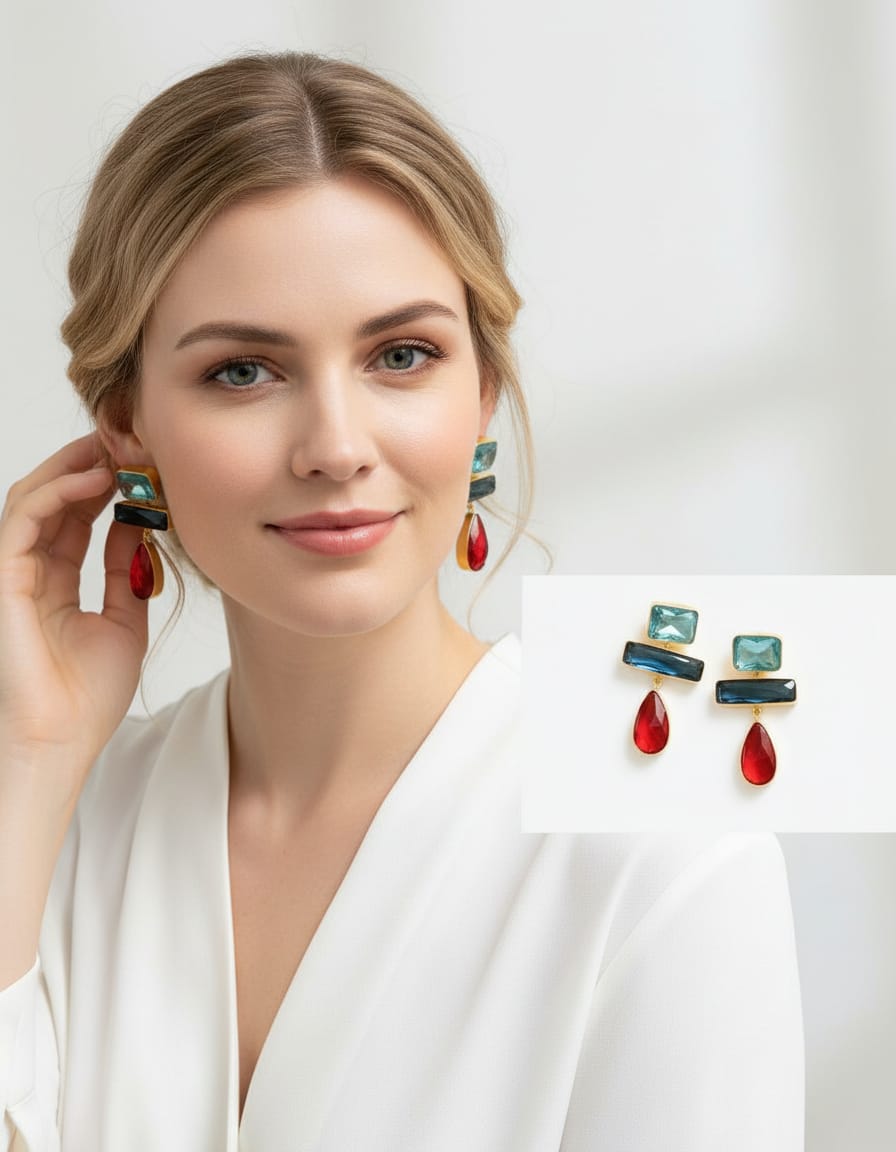 Gold - plated  Teal, Red Crystal Drop Earring