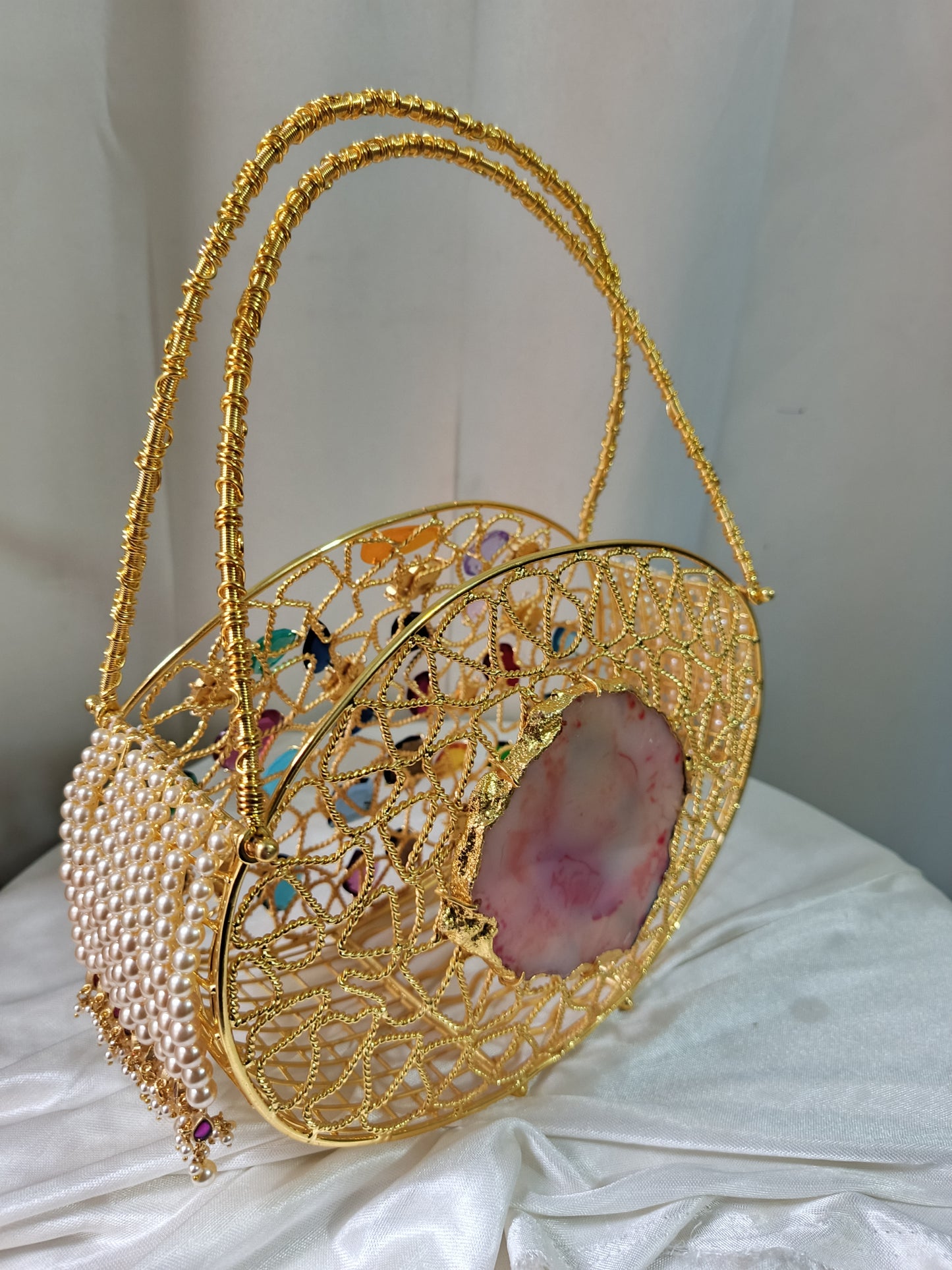 Multi-Stone Embellished Gold Metal Clutch Bag