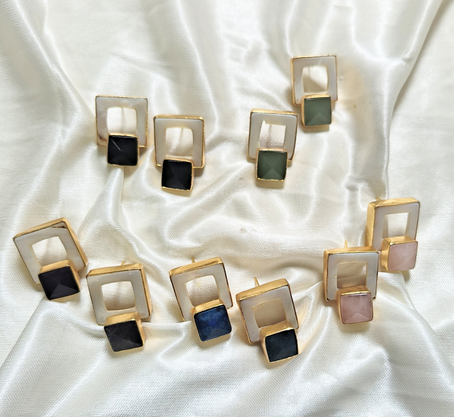 Geometric Stone Stud Earrings, Mother of Pearl Statement Studs
