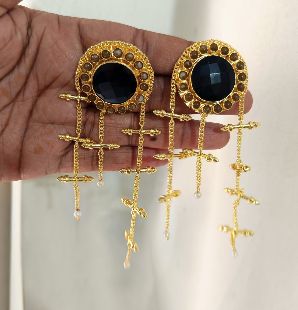 Antique Gold Black Stone Dangle Earrings