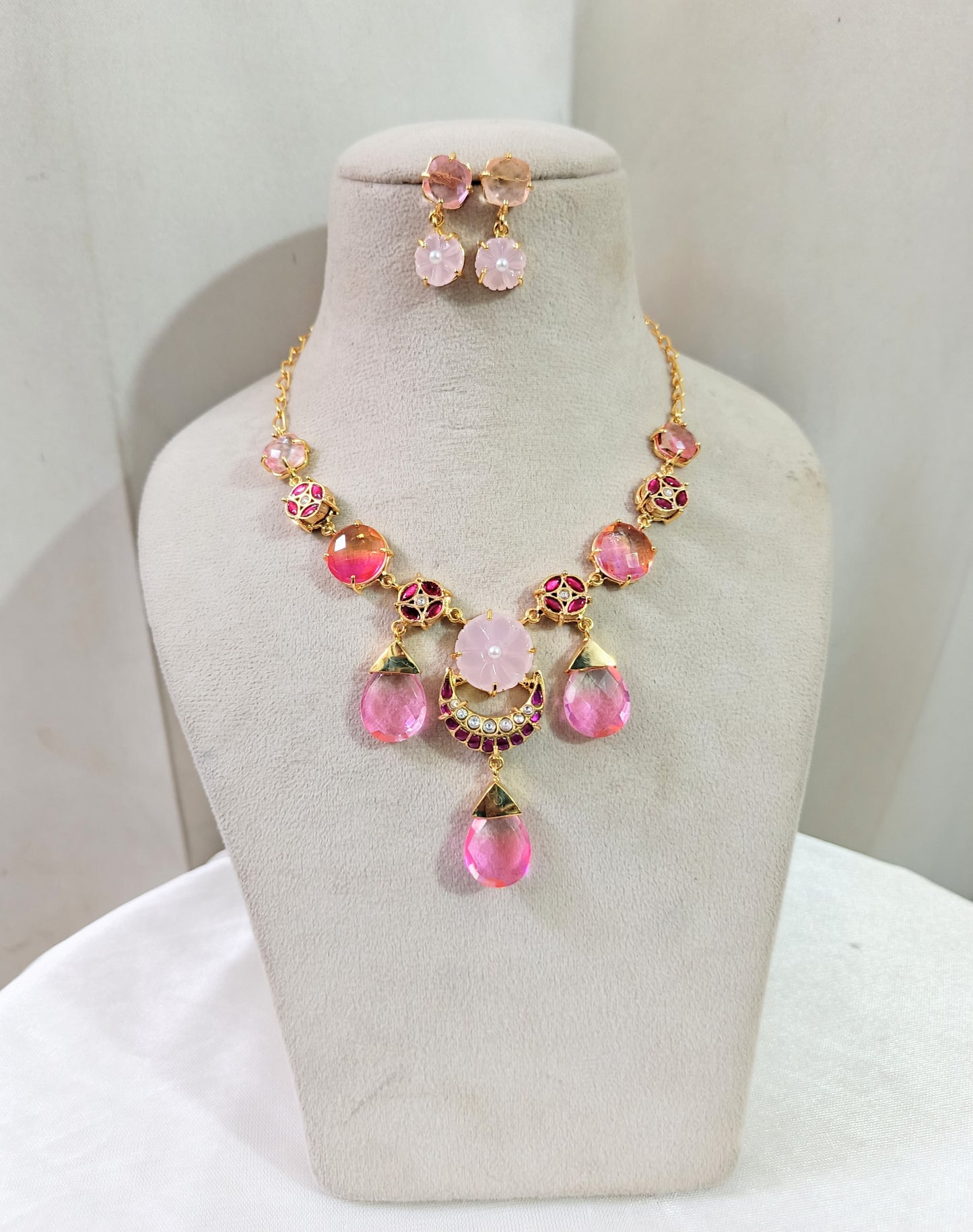 Pink Quartz-Inspired Floral Necklace & Earrings Set