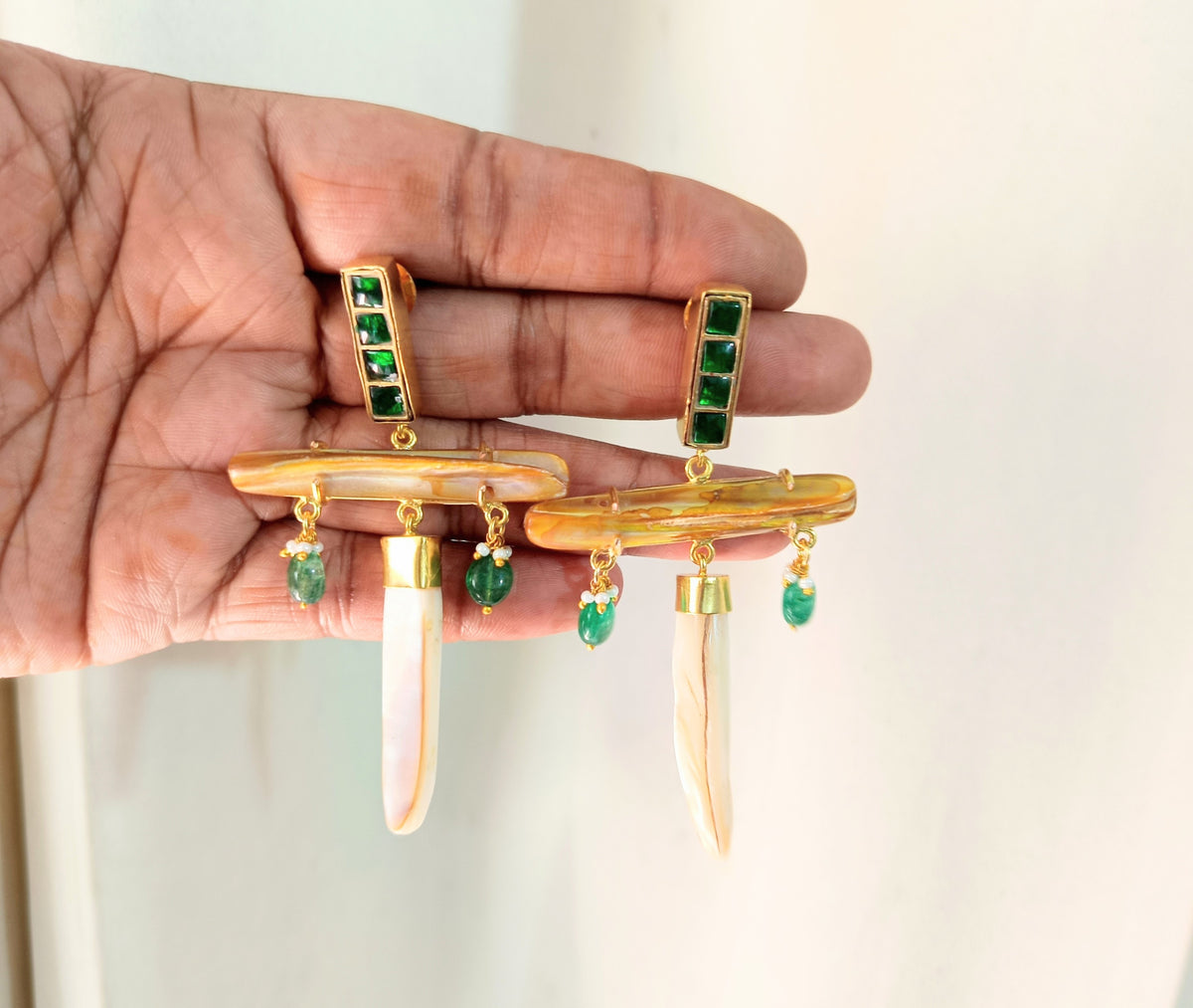 Statement Gold Bar Mother of Pearl & Green Kundan Earrings