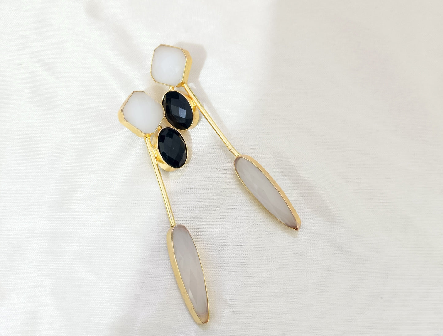 Luxury Gold Plated Black Onyx & White Stone Drop Earring