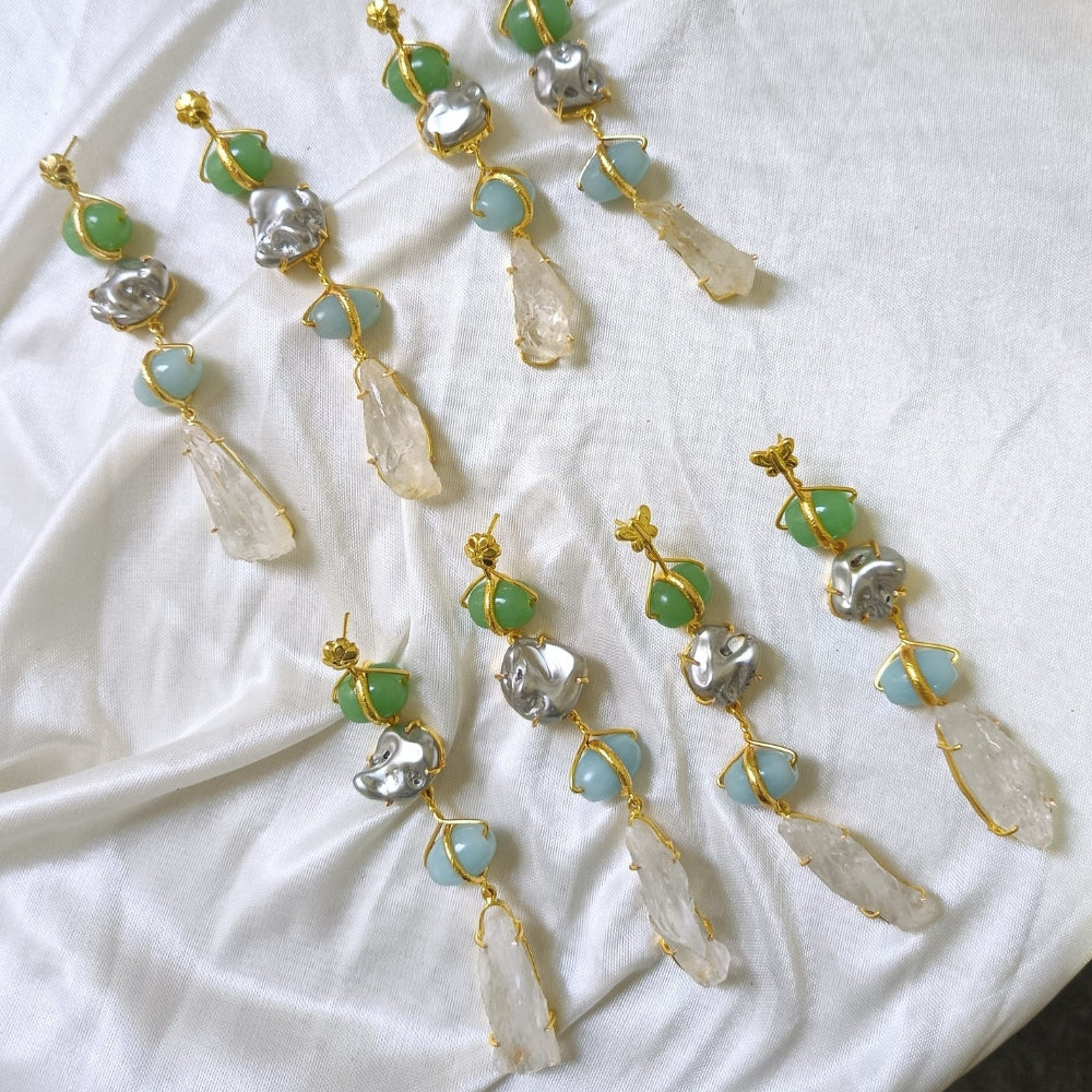 Boho luxe gold drop earring with green & aqua blue raw Crystal