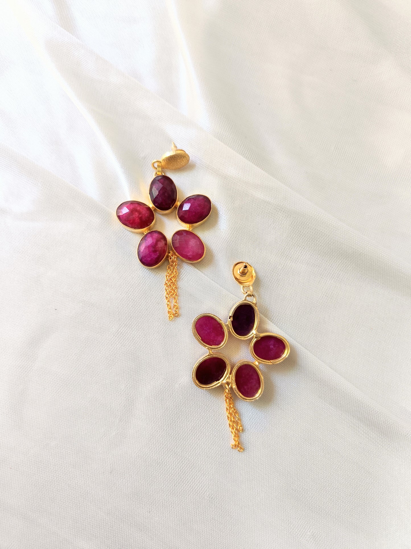Ruby Pink Floral Drop Earrings with Gold Chain Tassels