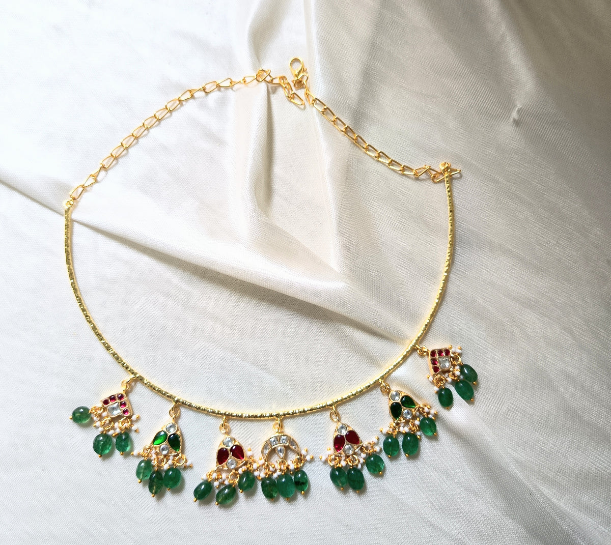 Royal Green Beaded Hasli Necklace Set with Earrings