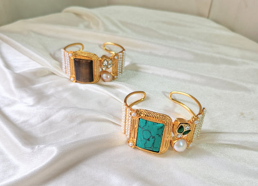 Luxury Gold Pearl & Gemstone Cuff Bracelet