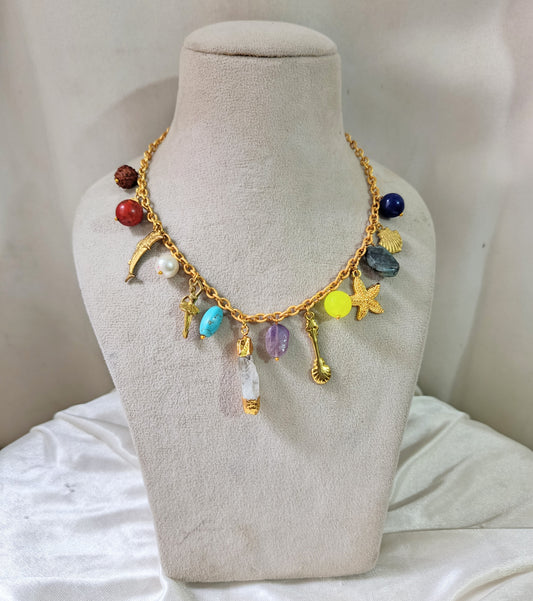 Bohemian Multicolor Gemstone & Sea-Inspired Charm Necklace