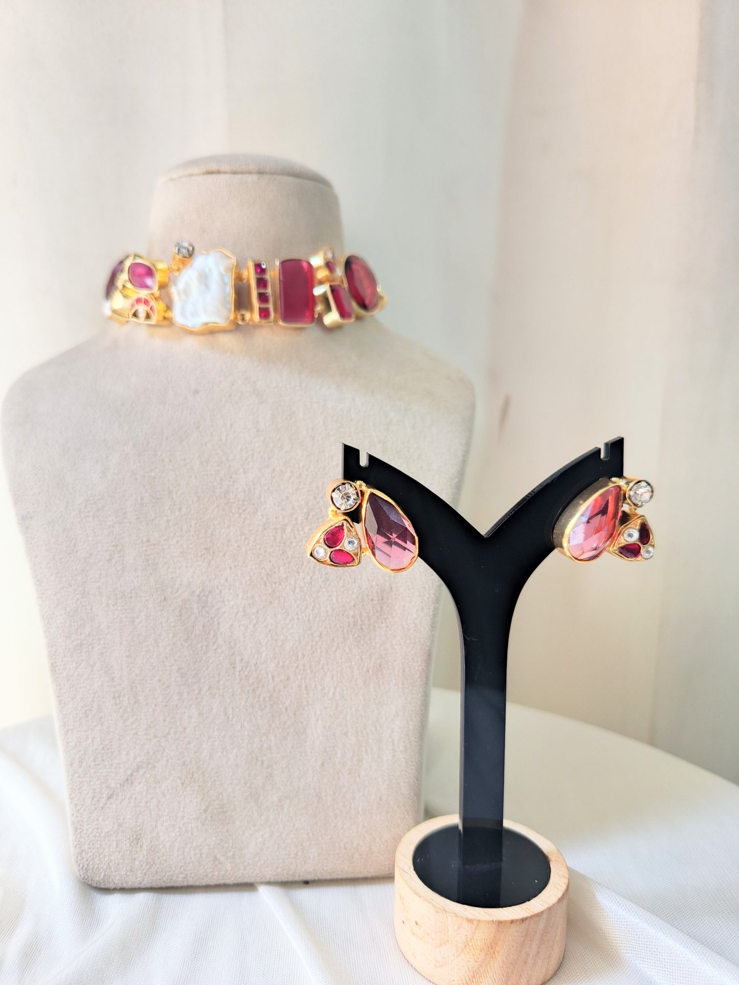 Ruby Red Statement Necklace Set with Baroque Pearl