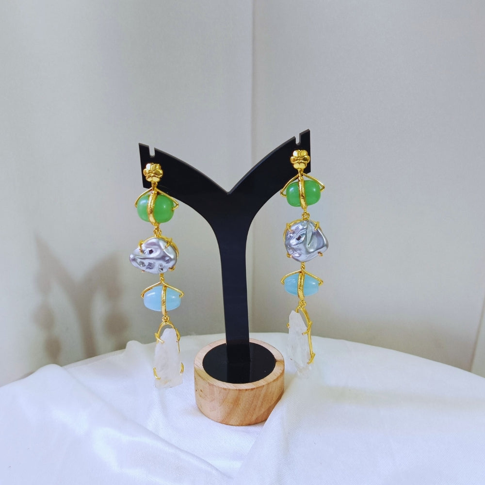 Boho luxe gold drop earring with green & aqua blue raw Crystal
