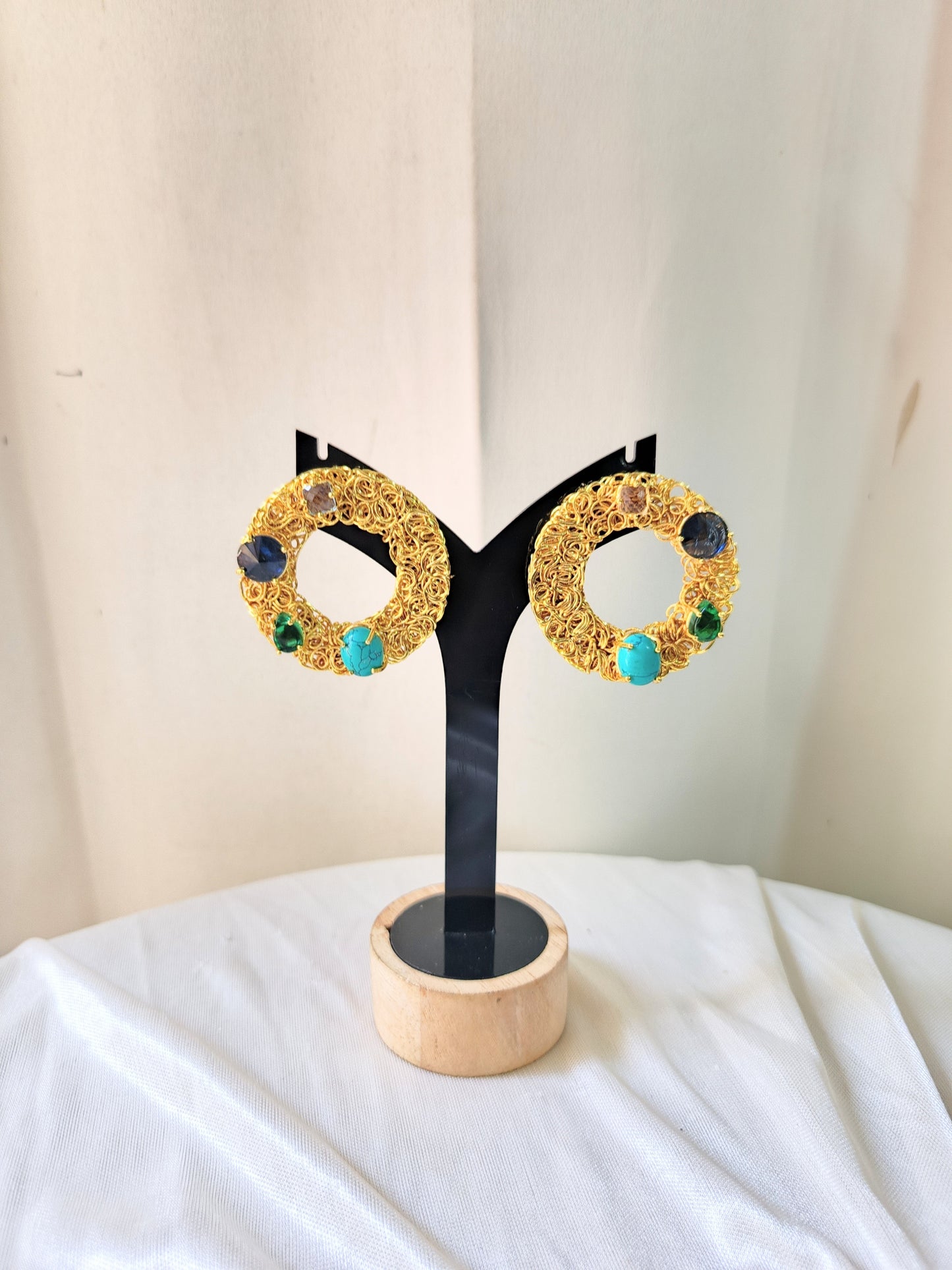 Gold Filigree Circle Earrings with Multicolor Gemstones