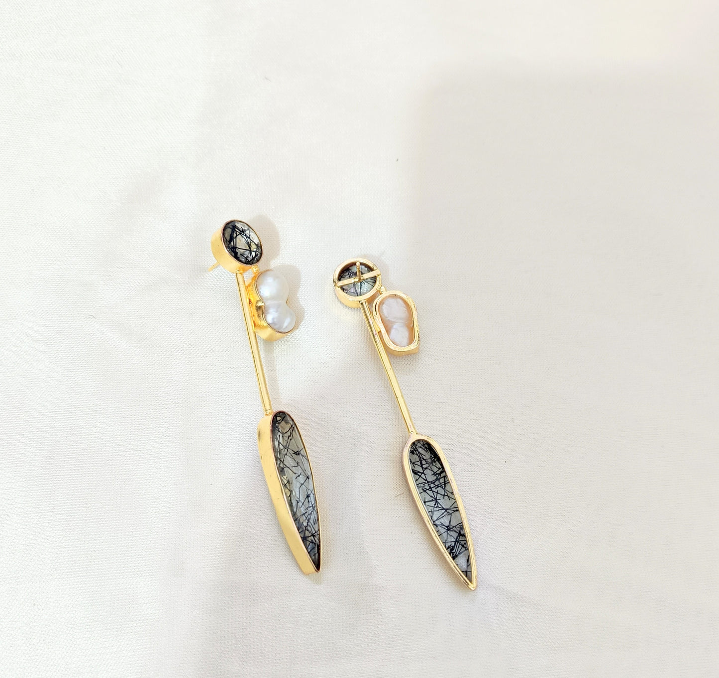 Minimalist Gold Plated Rutile Quartz Pearl Linear Earring