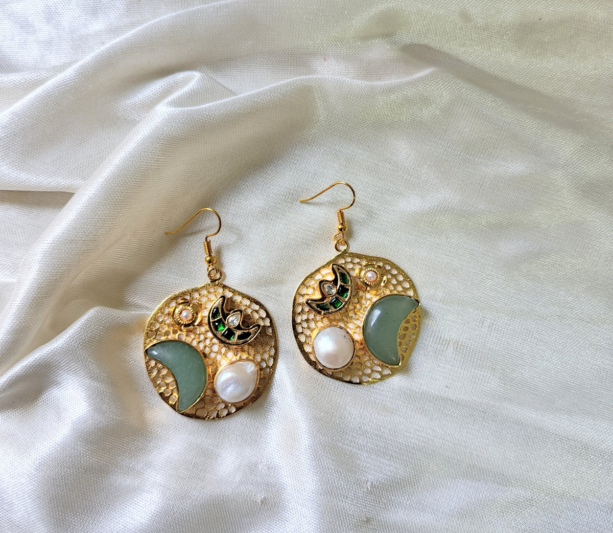 Green Enamel Pearl Drop Earrings