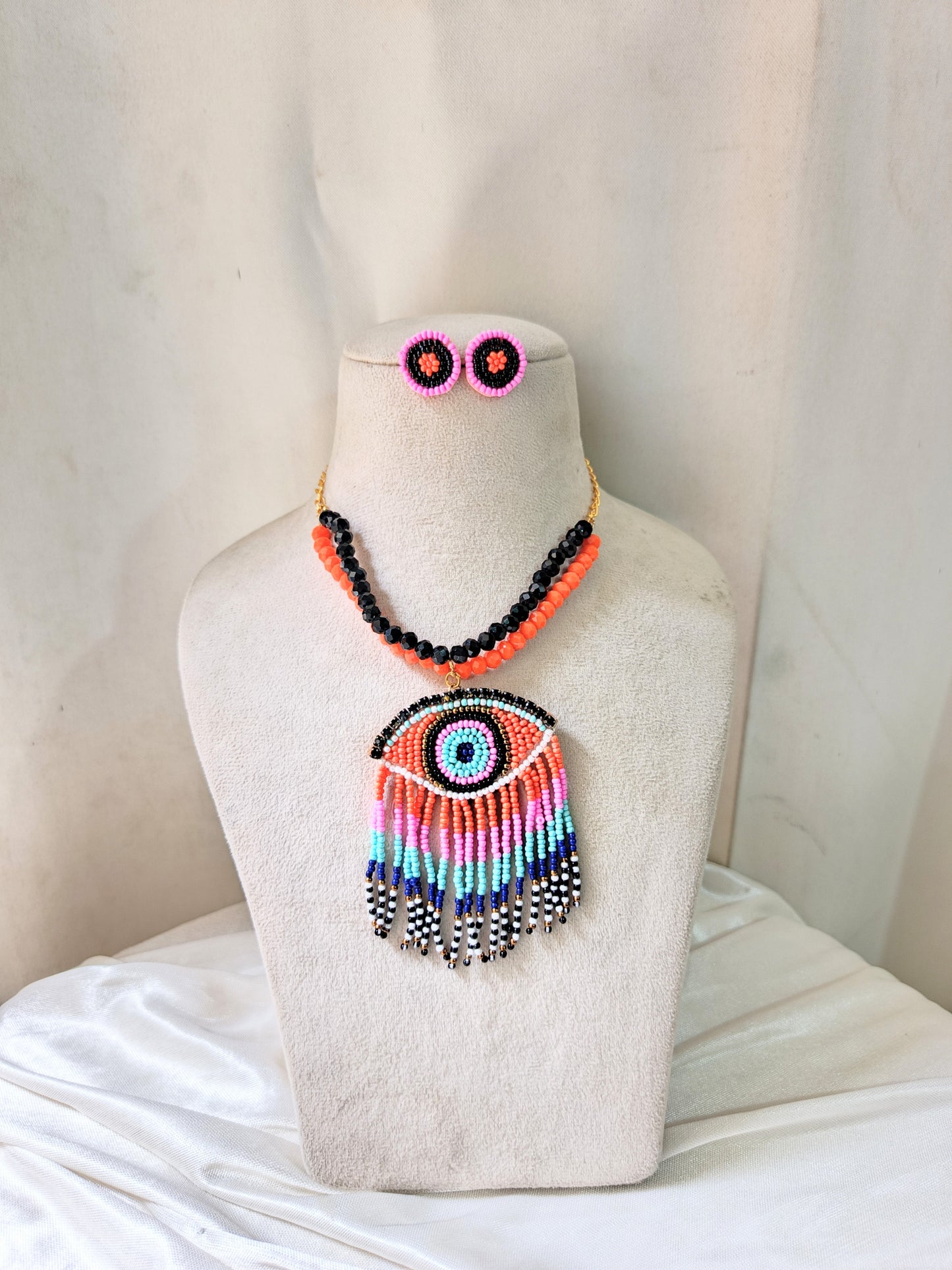 Boho Evil Eye Beaded Pendant Necklace with Earrings