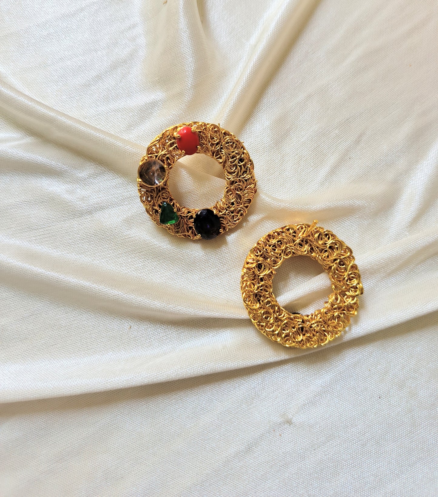 Gold Filigree Circle Earrings with Multicolor Gemstones