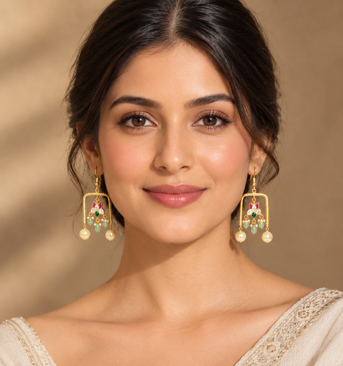 Floral Kundan Pearl Drop Earrings