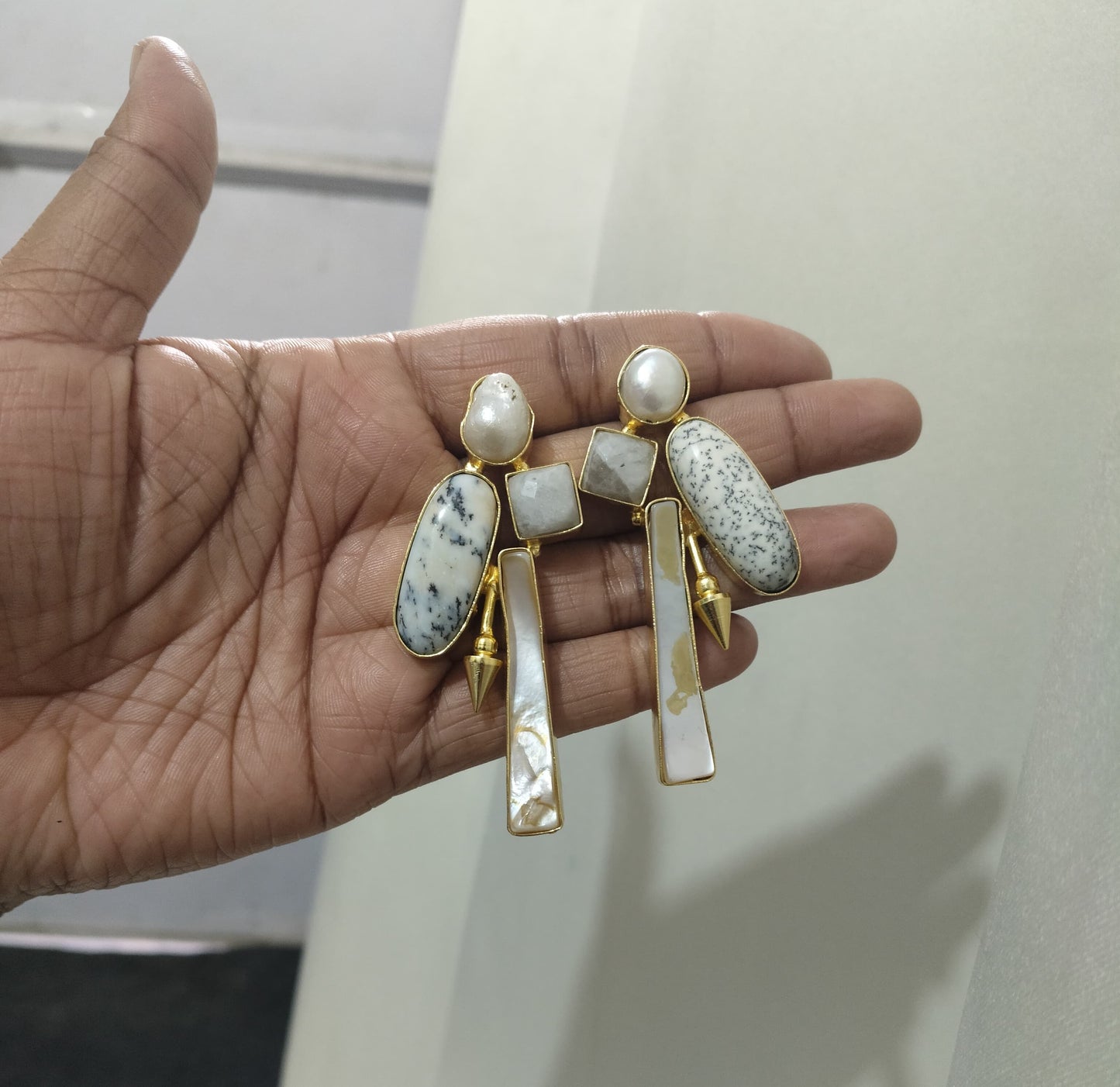 Handcrafted Pearl & Semi - Precious Stone Statement Earrings