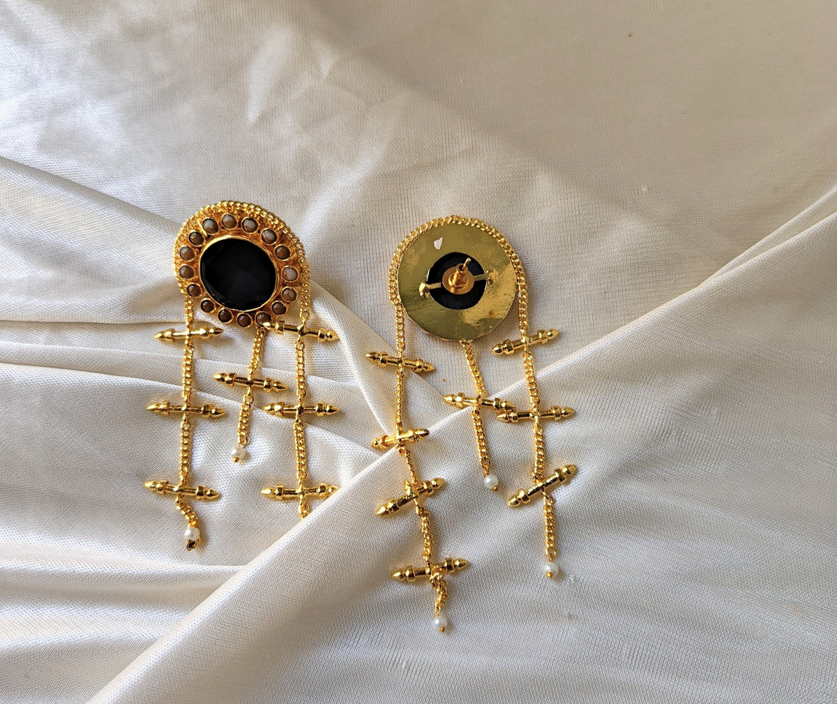 Antique Gold Black Stone Dangle Earrings