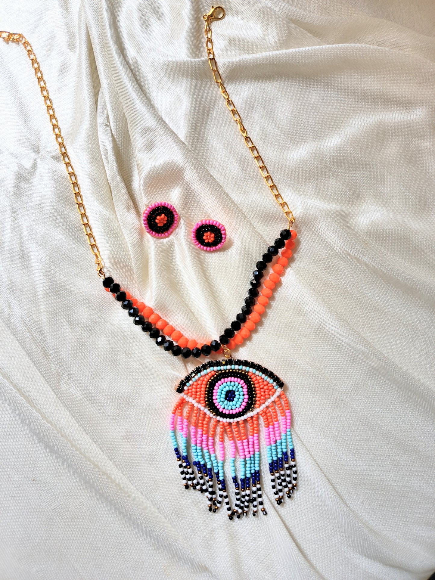 Boho Evil Eye Beaded Pendant Necklace with Earrings