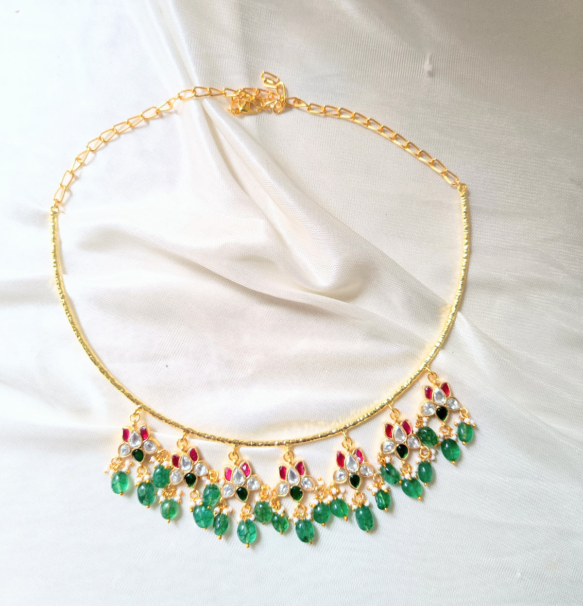 Royal Green Beaded Hasli Necklace Set with Earrings