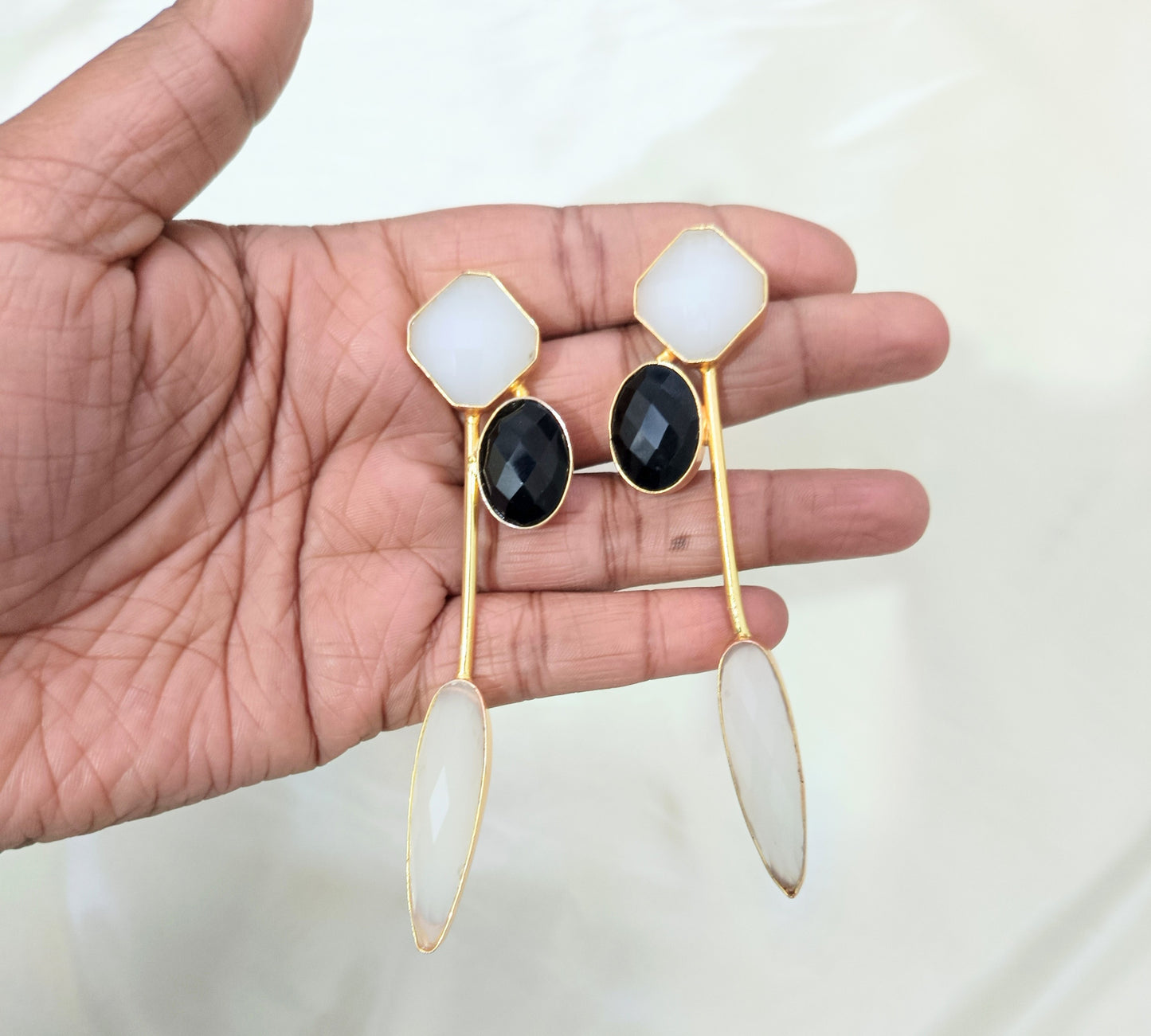 Luxury Gold Plated Black Onyx & White Stone Drop Earring