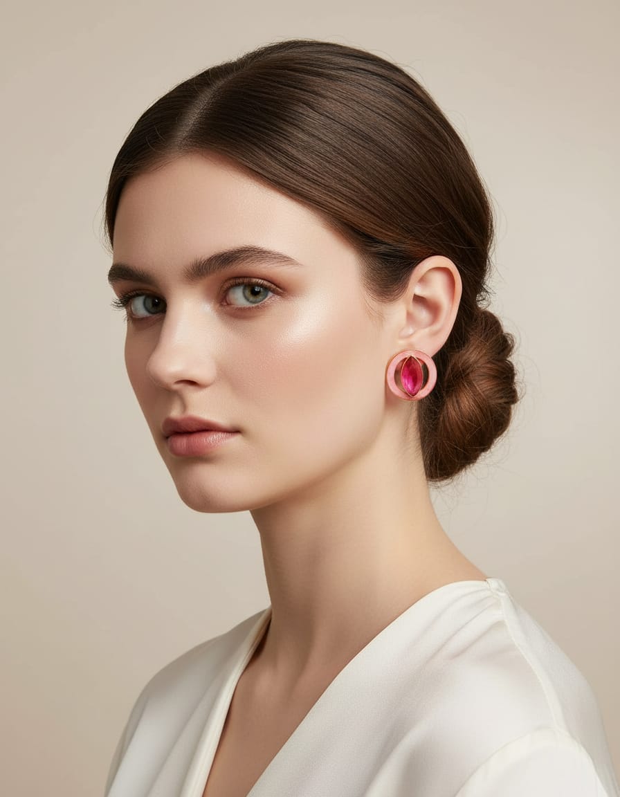 Bold Pink and Green Stone Statement Circle Stud Earring