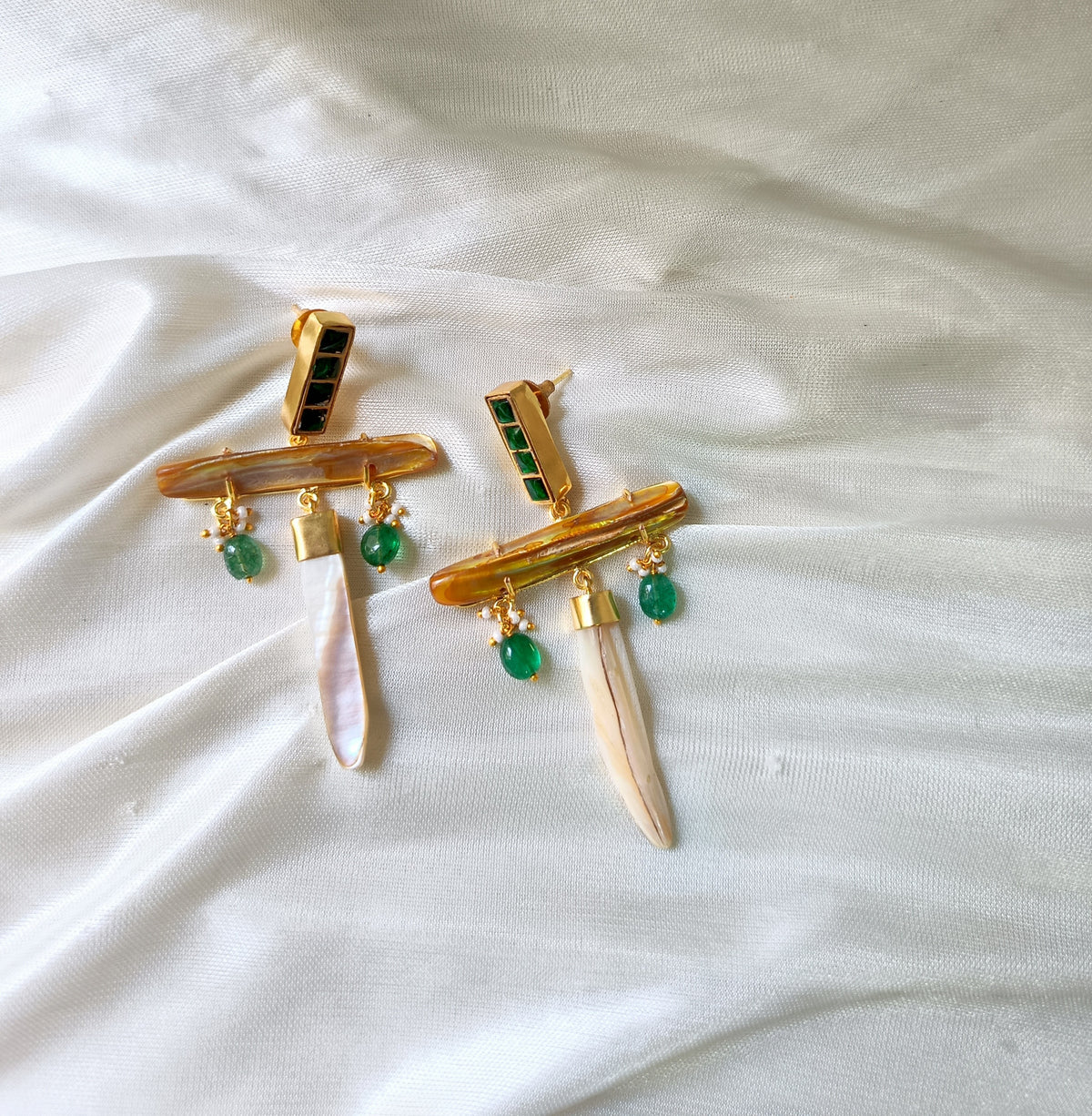 Statement Gold Bar Mother of Pearl & Green Kundan Earrings