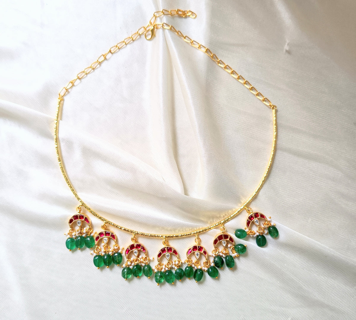 Royal Green Beaded Hasli Necklace Set with Earrings