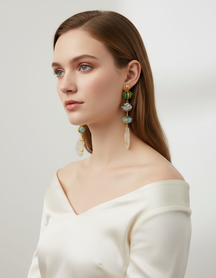 Boho luxe gold drop earring with green & aqua blue raw Crystal