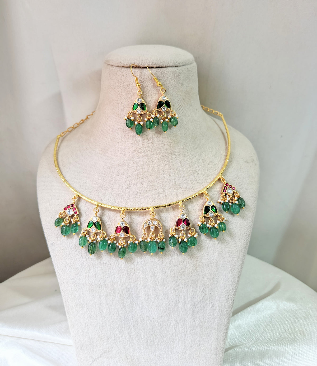 Royal Green Beaded Hasli Necklace Set with Earrings