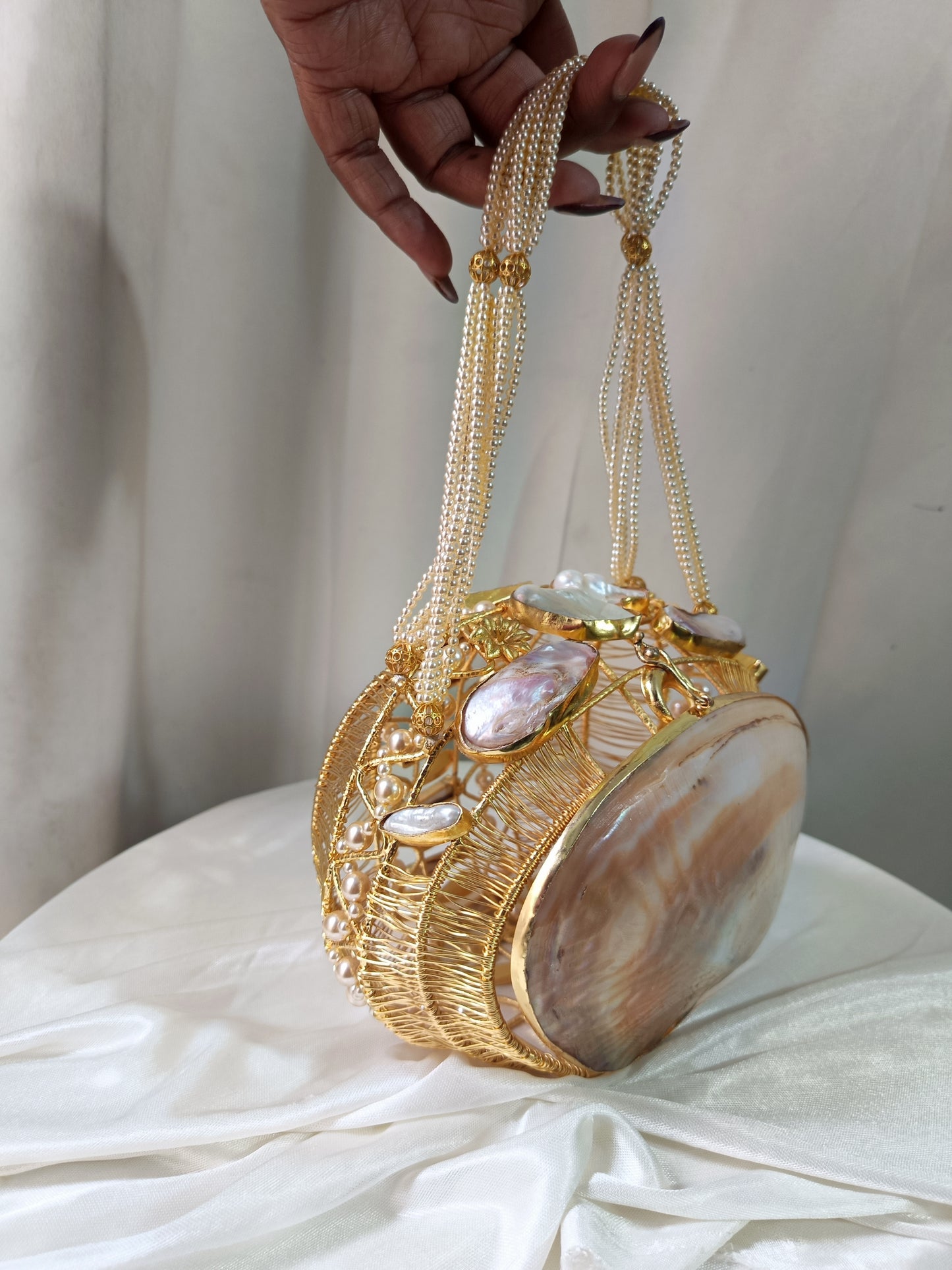 Handcrafted Mother of Pearl Shell Bag with Pearl Handle