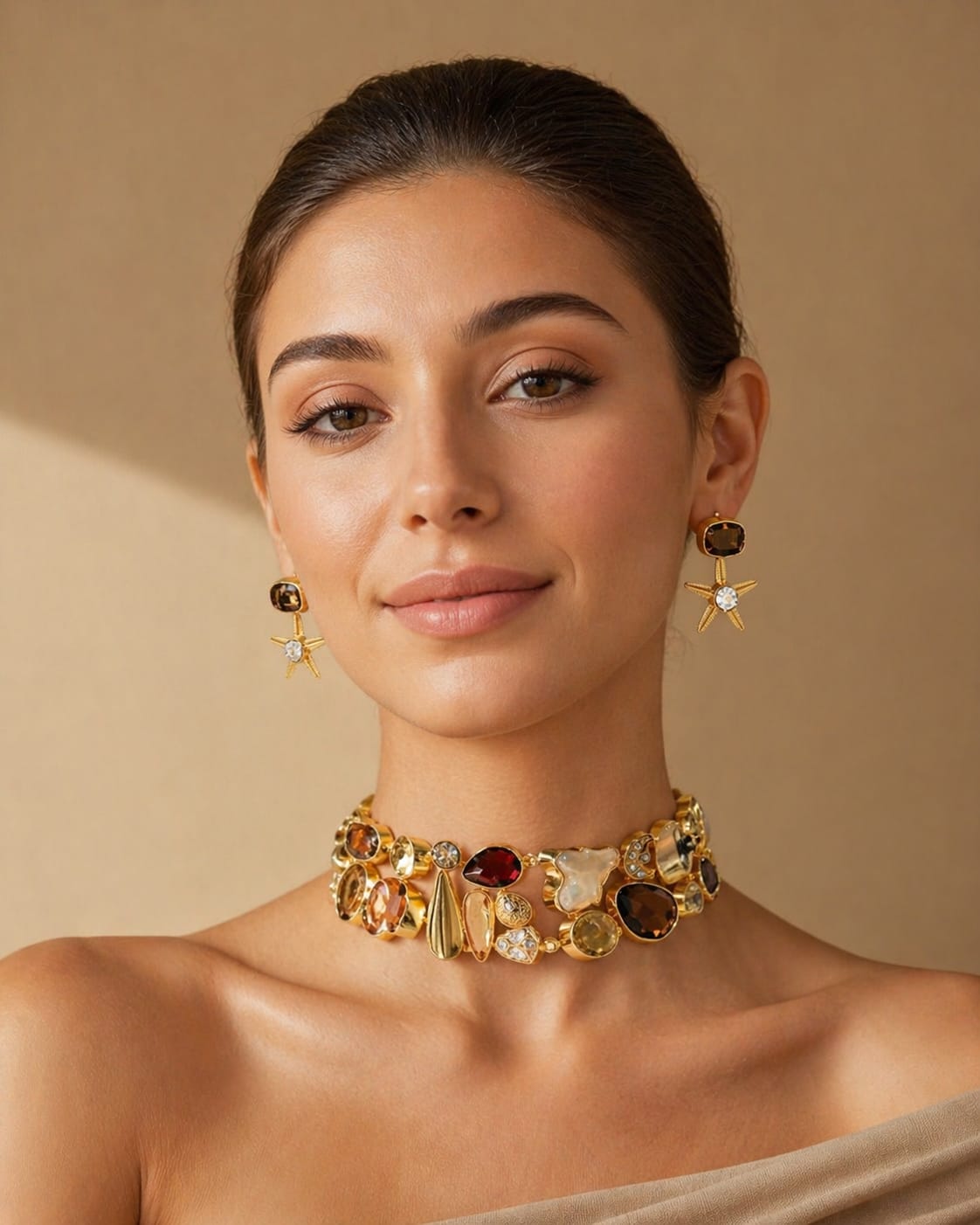Golden Amber Multi-Stone Statement Necklace Set with Earrings