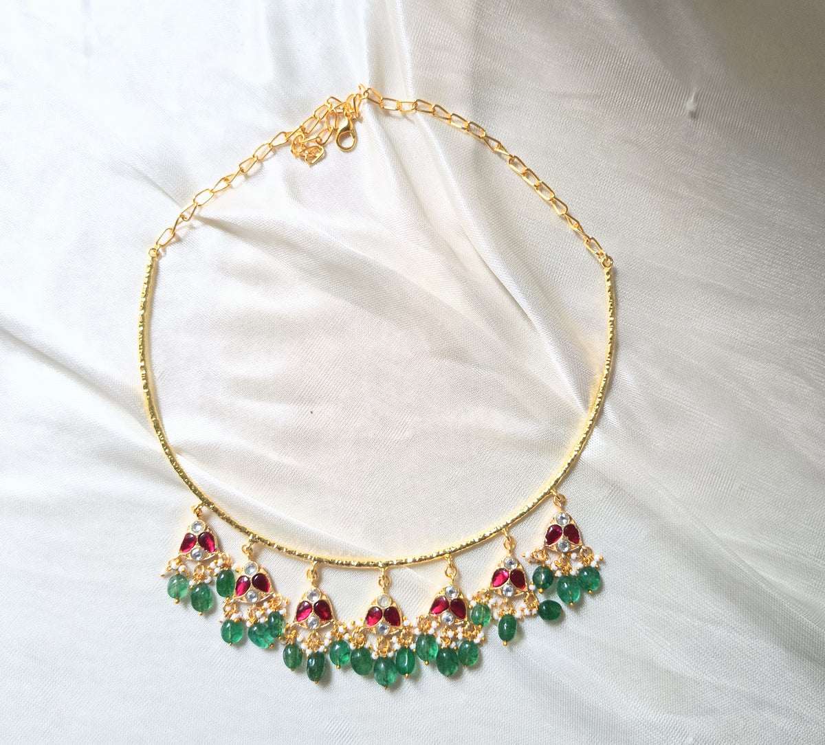 Royal Green Beaded Hasli Necklace Set with Earrings
