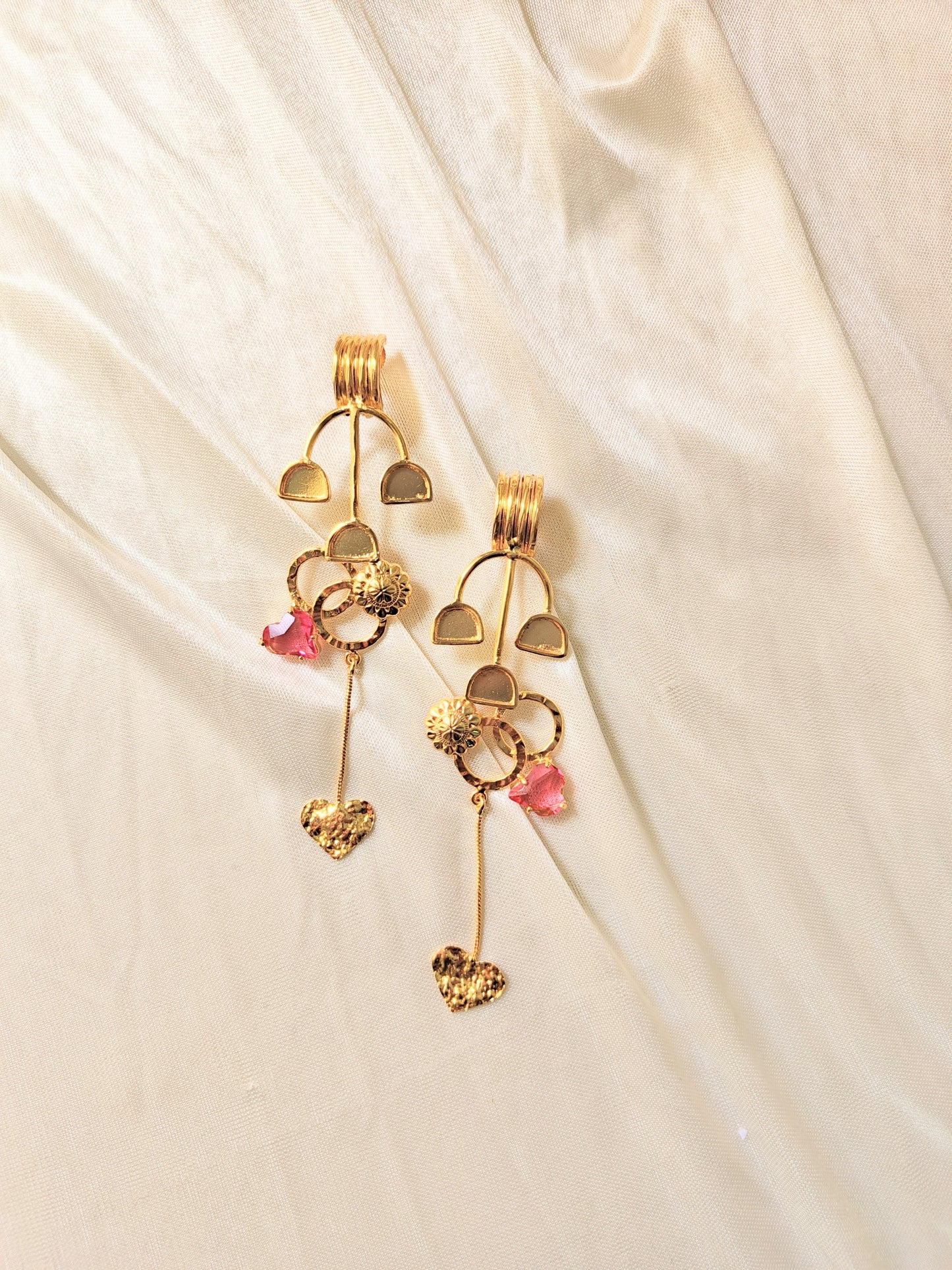 Golden Heart Drop Earrings with Pink Crystal Charm